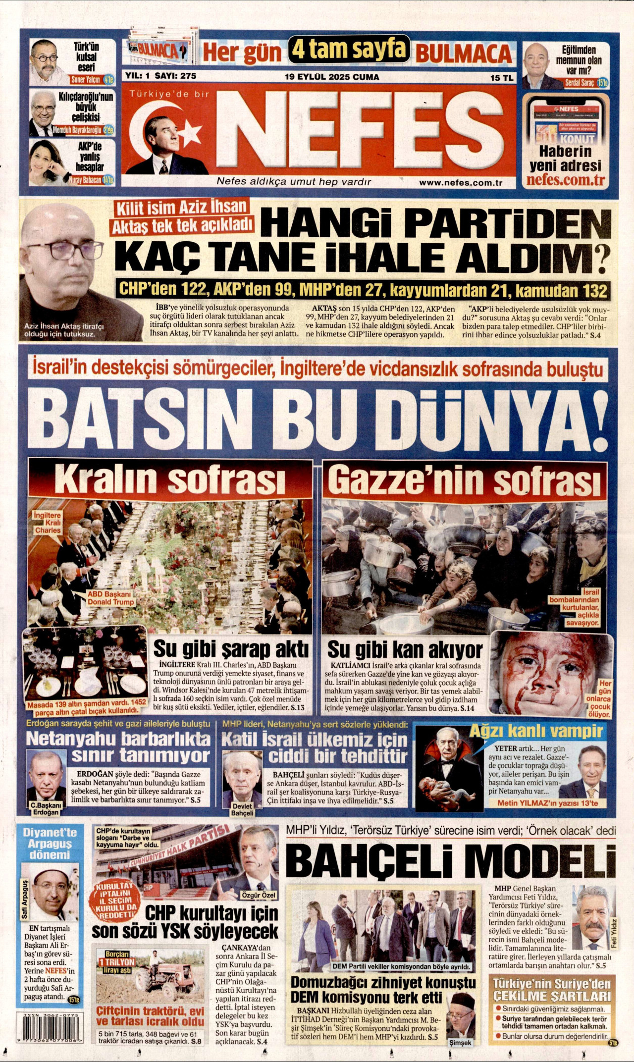NEFES gazetesinin 19 Eylül 2025 tarihli birinci sayfası