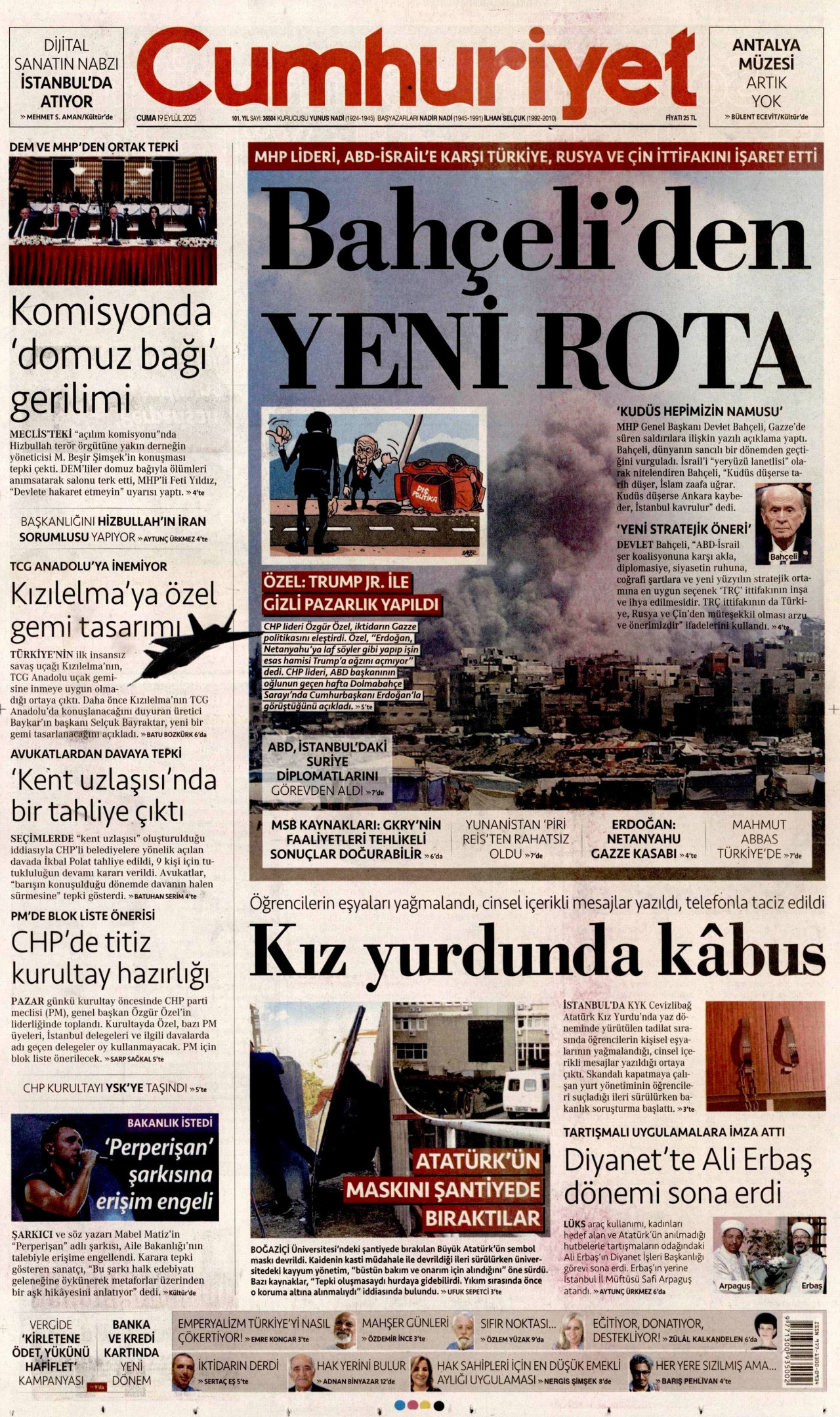 CUMHURİYET gazetesinin 19 Eylül 2025 tarihli birinci sayfası