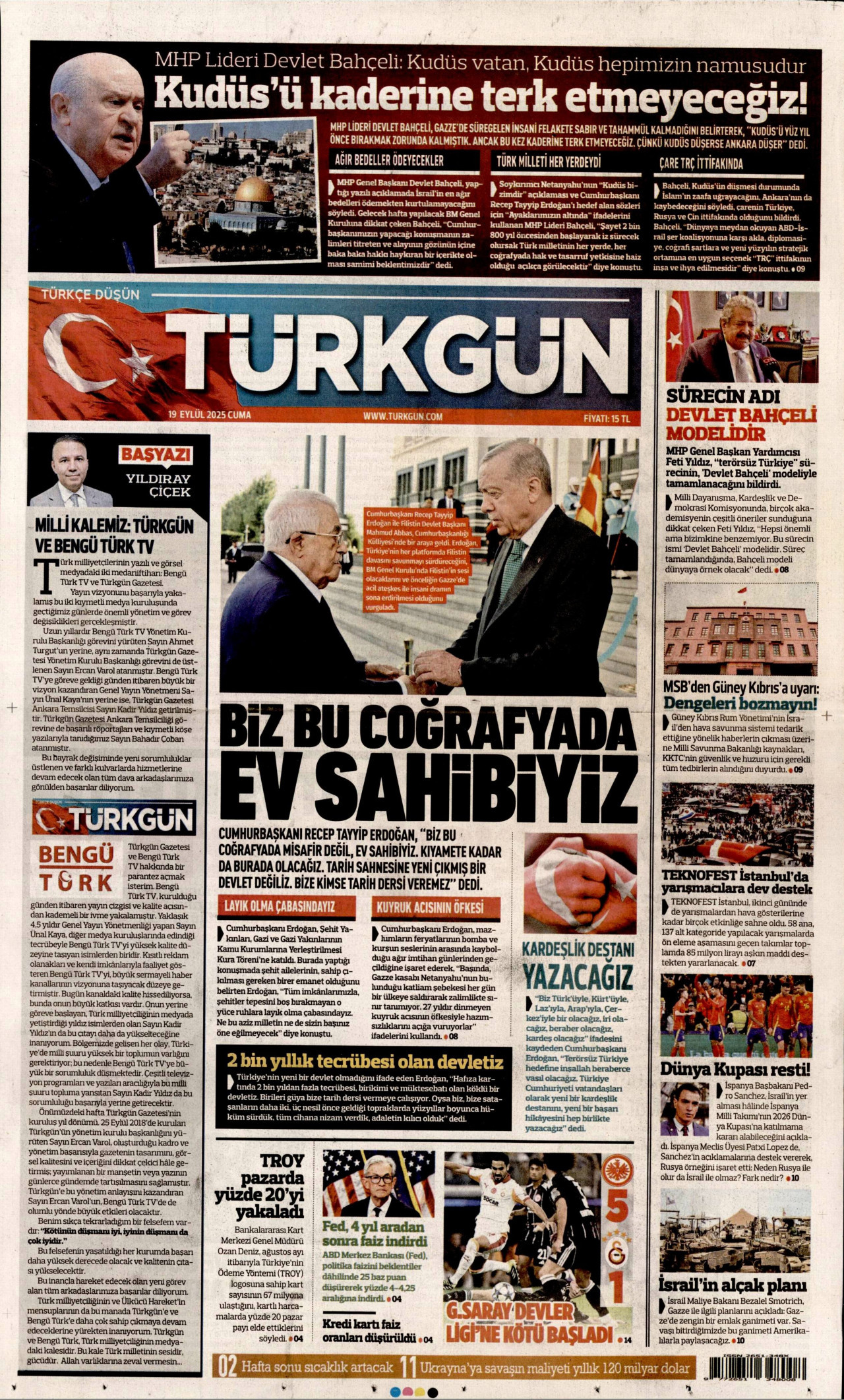 TÜRKGÜN gazetesinin 19 Eylül 2025 tarihli birinci sayfası