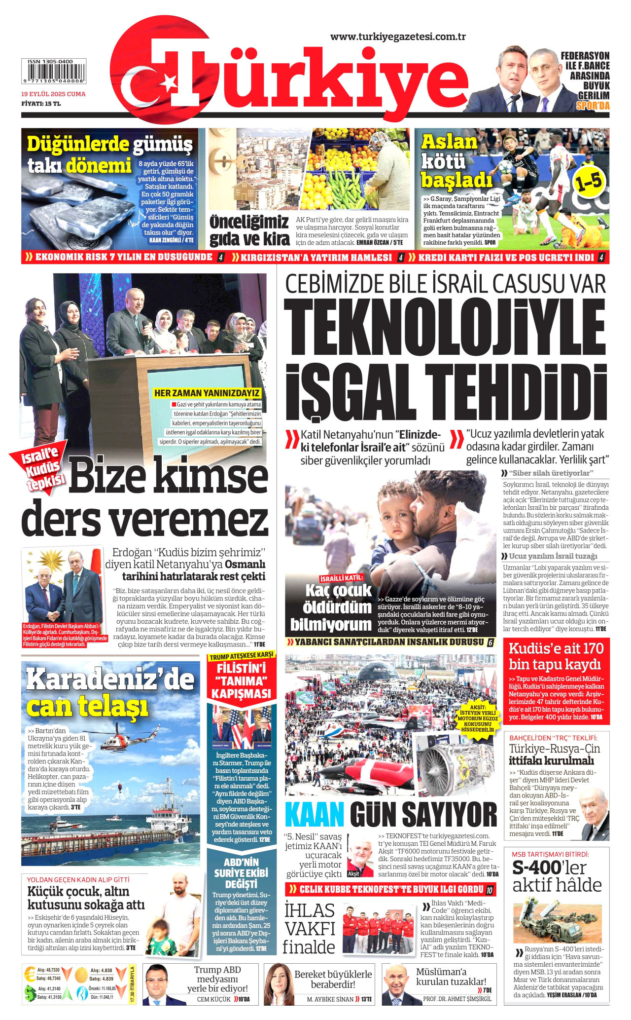 TÜRKİYE GAZETESİ gazetesinin 19 Eylül 2025 tarihli birinci sayfası