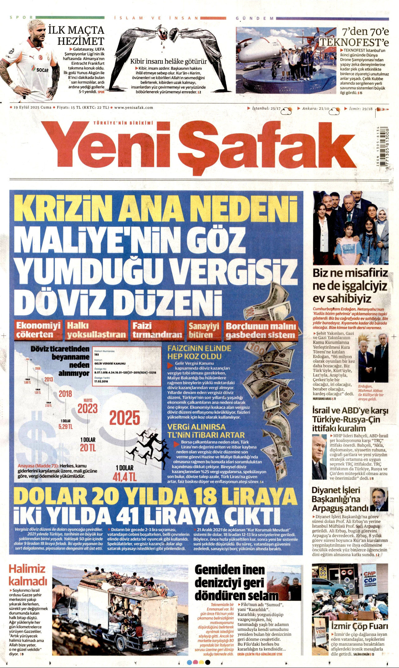 YENİ ŞAFAK gazetesinin 19 Eylül 2025 tarihli birinci sayfası