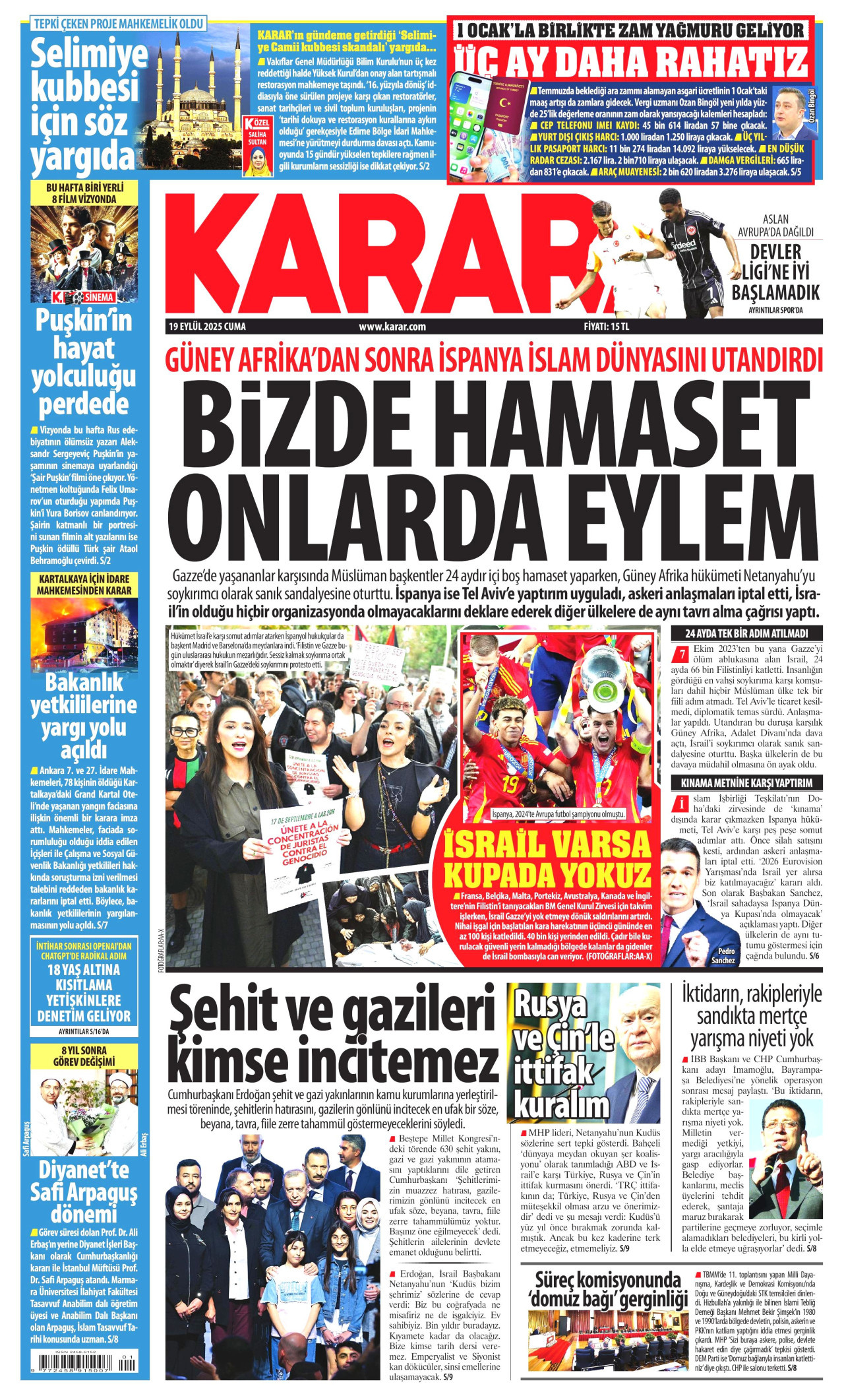KARAR gazetesinin 19 Eylül 2025 tarihli birinci sayfası