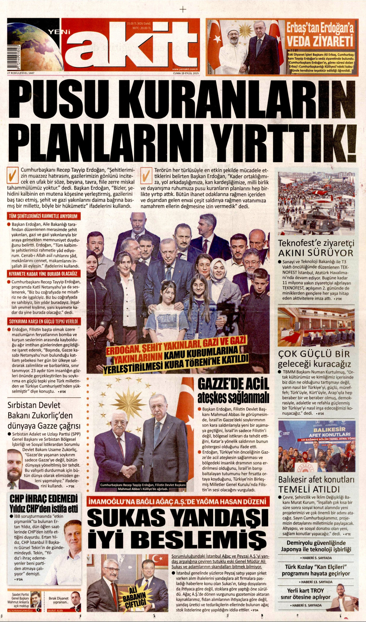 YENİ AKİT gazetesinin 19 Eylül 2025 tarihli birinci sayfası