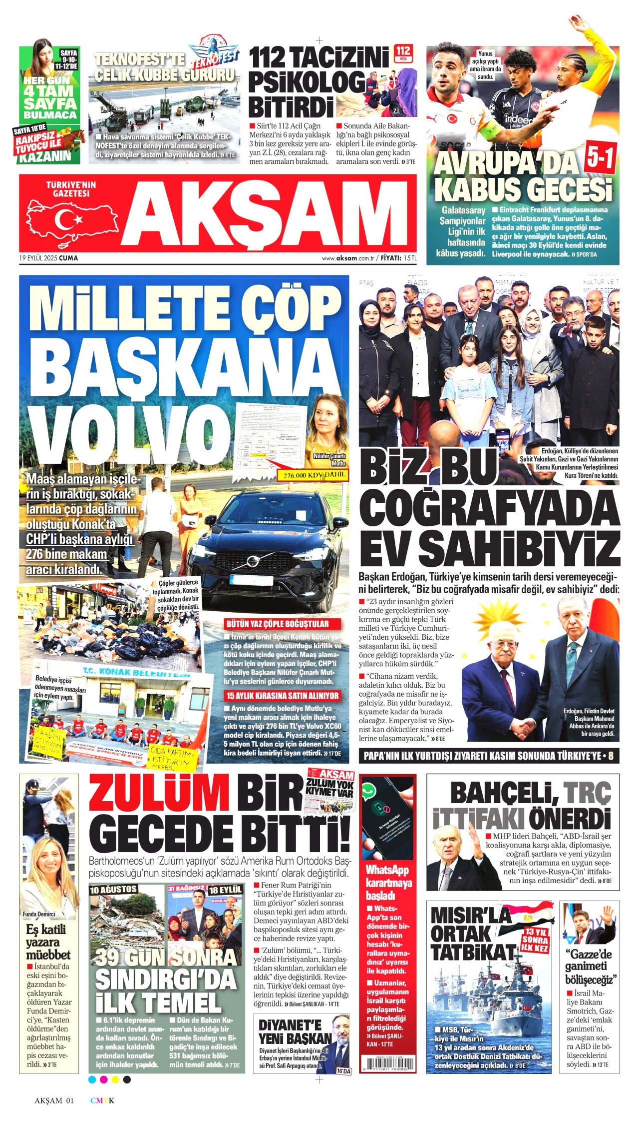 AKŞAM gazetesinin 19 Eylül 2025 tarihli birinci sayfası