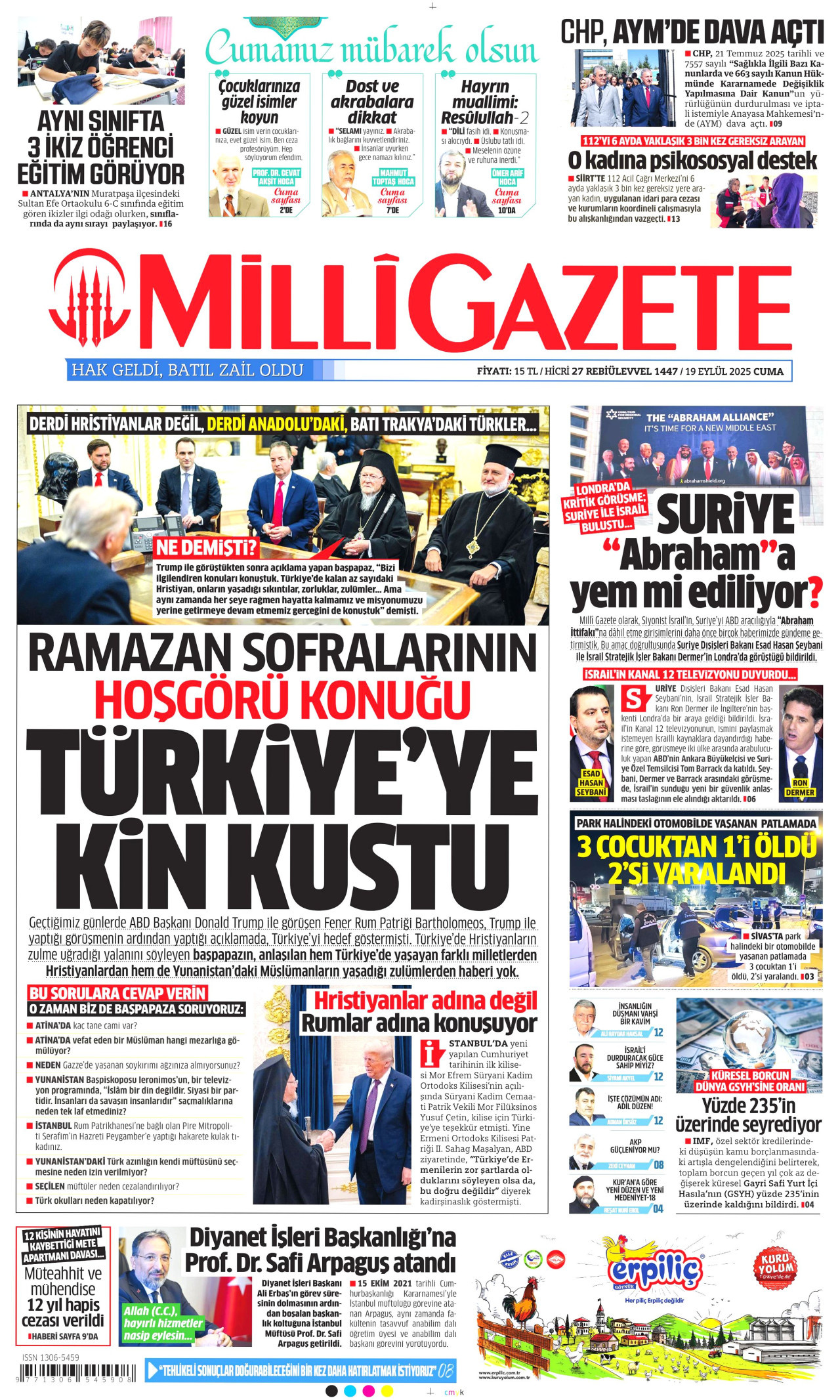 MİLLİ GAZETE gazetesinin 19 Eylül 2025 tarihli birinci sayfası