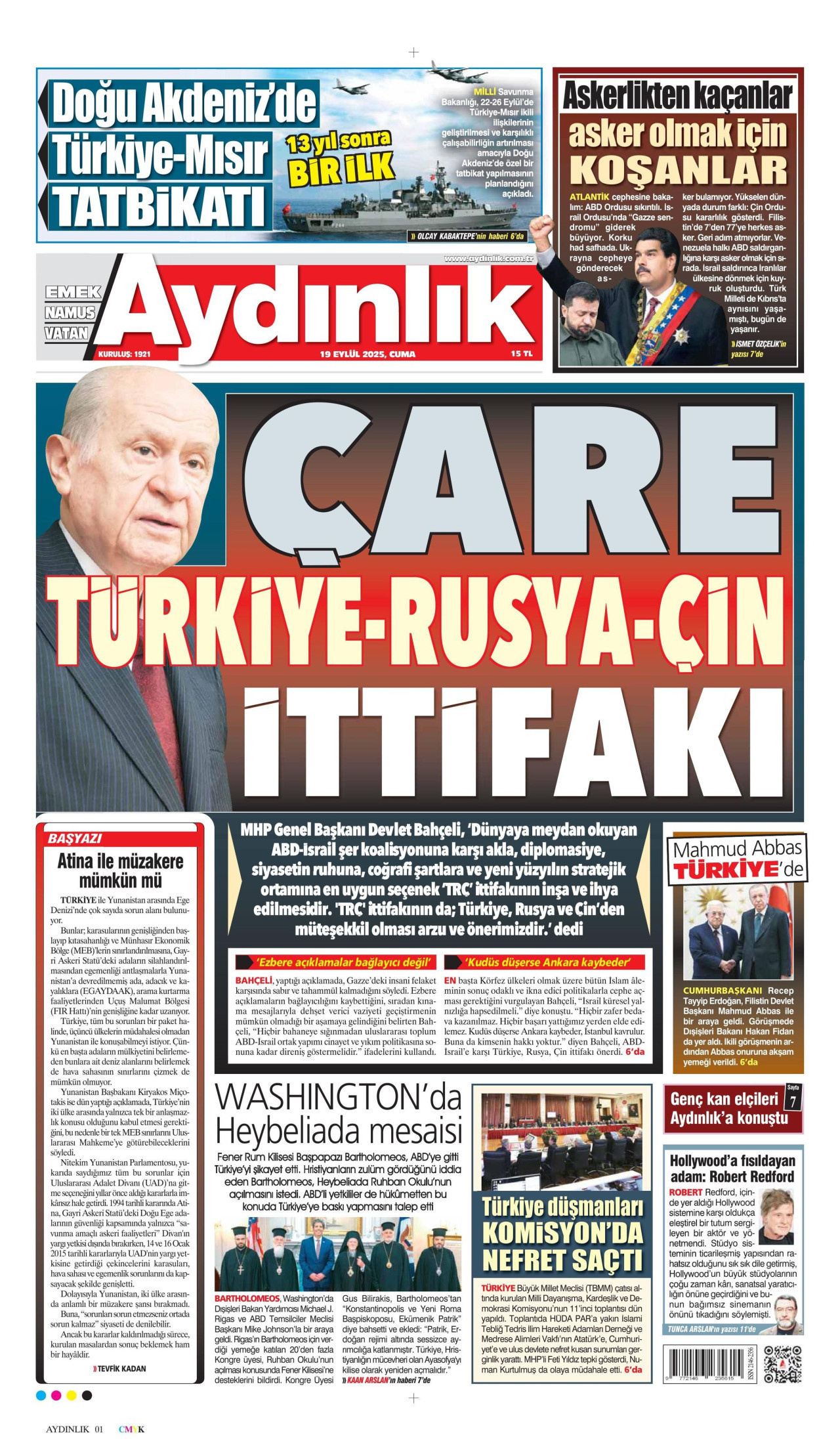 AYDINLIK GAZETESİ gazetesinin 19 Eylül 2025 tarihli birinci sayfası