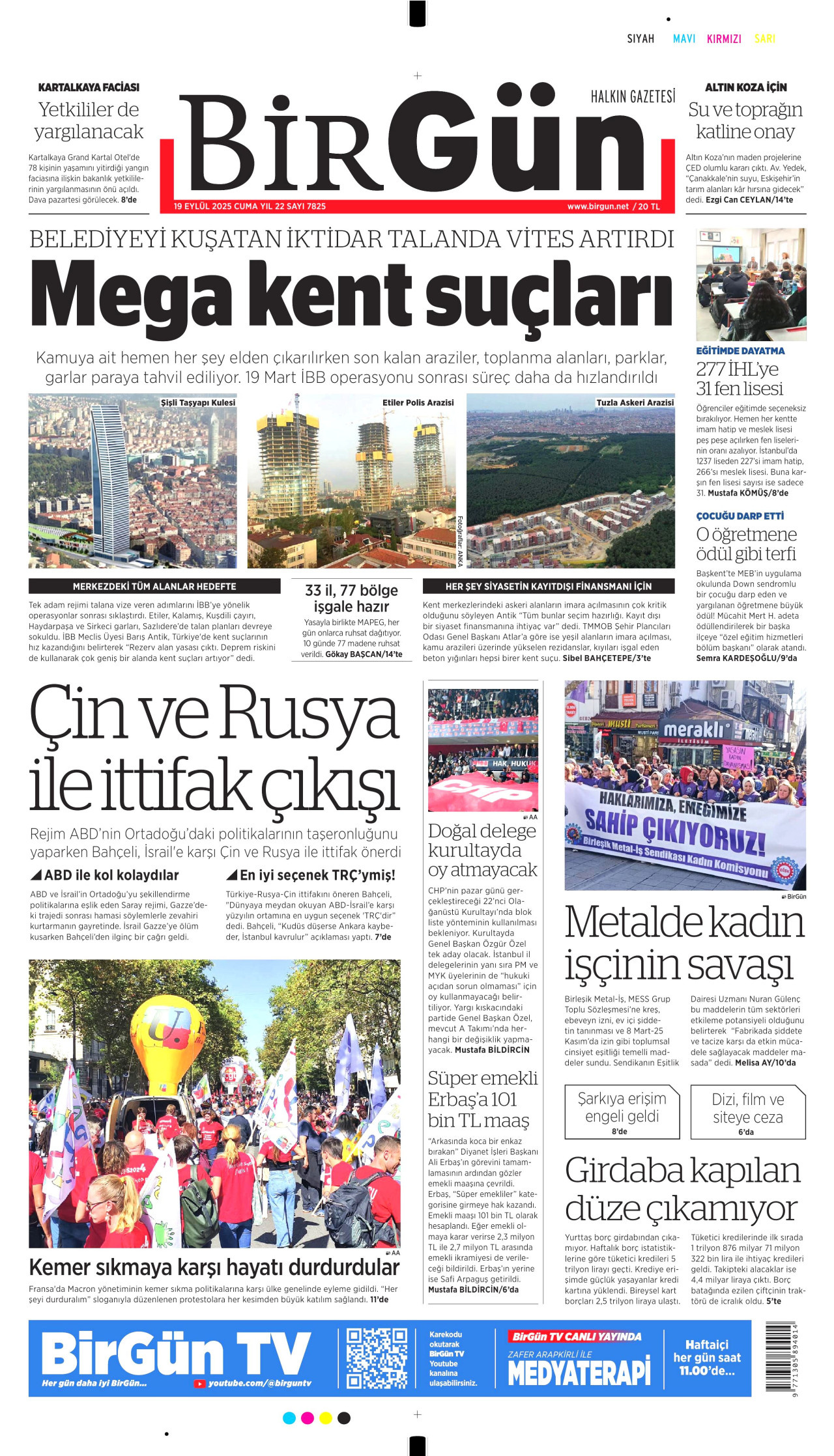 BİRGÜN gazetesinin 19 Eylül 2025 tarihli birinci sayfası