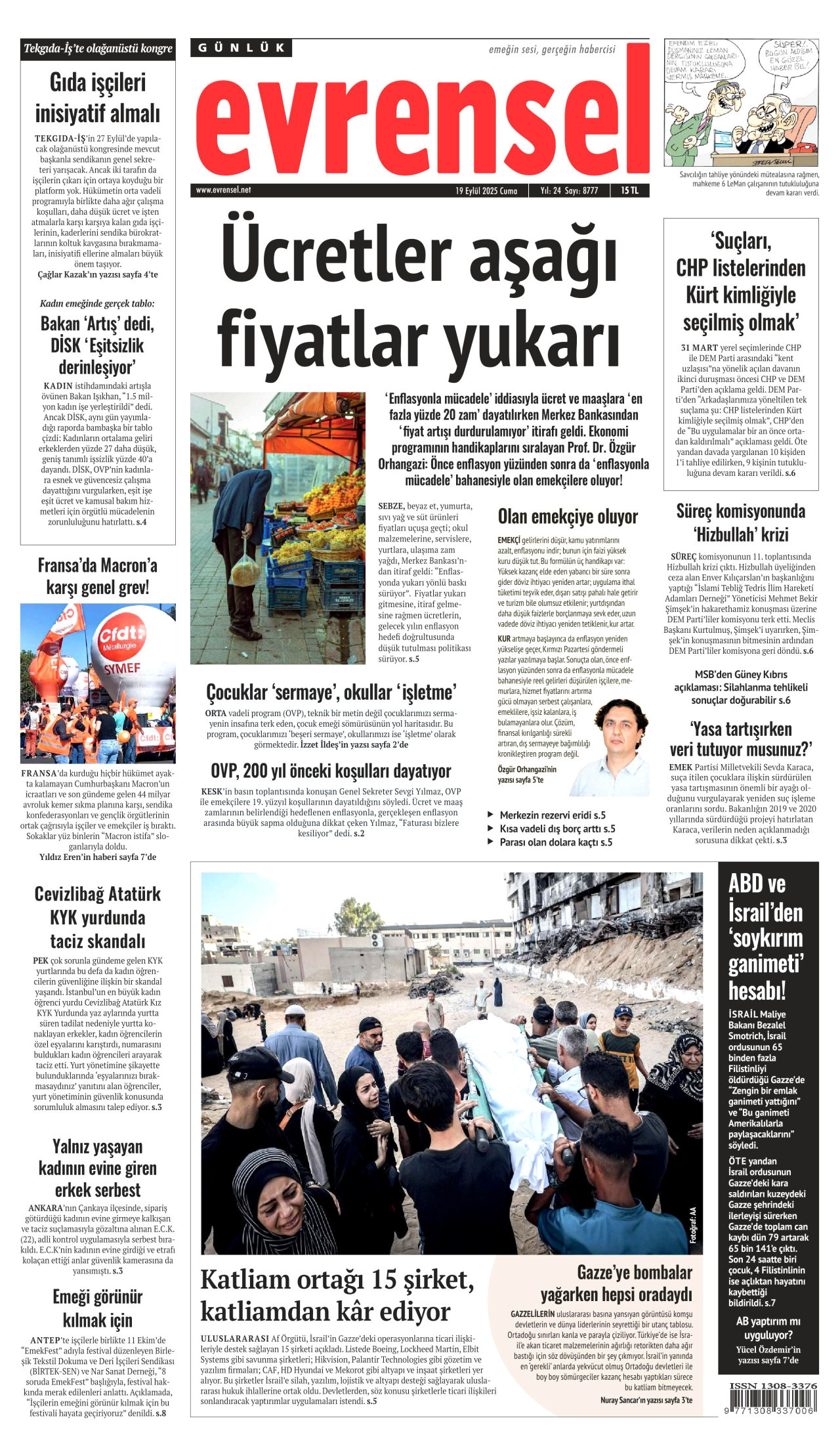 EVRENSEL gazetesinin 19 Eylül 2025 tarihli birinci sayfası