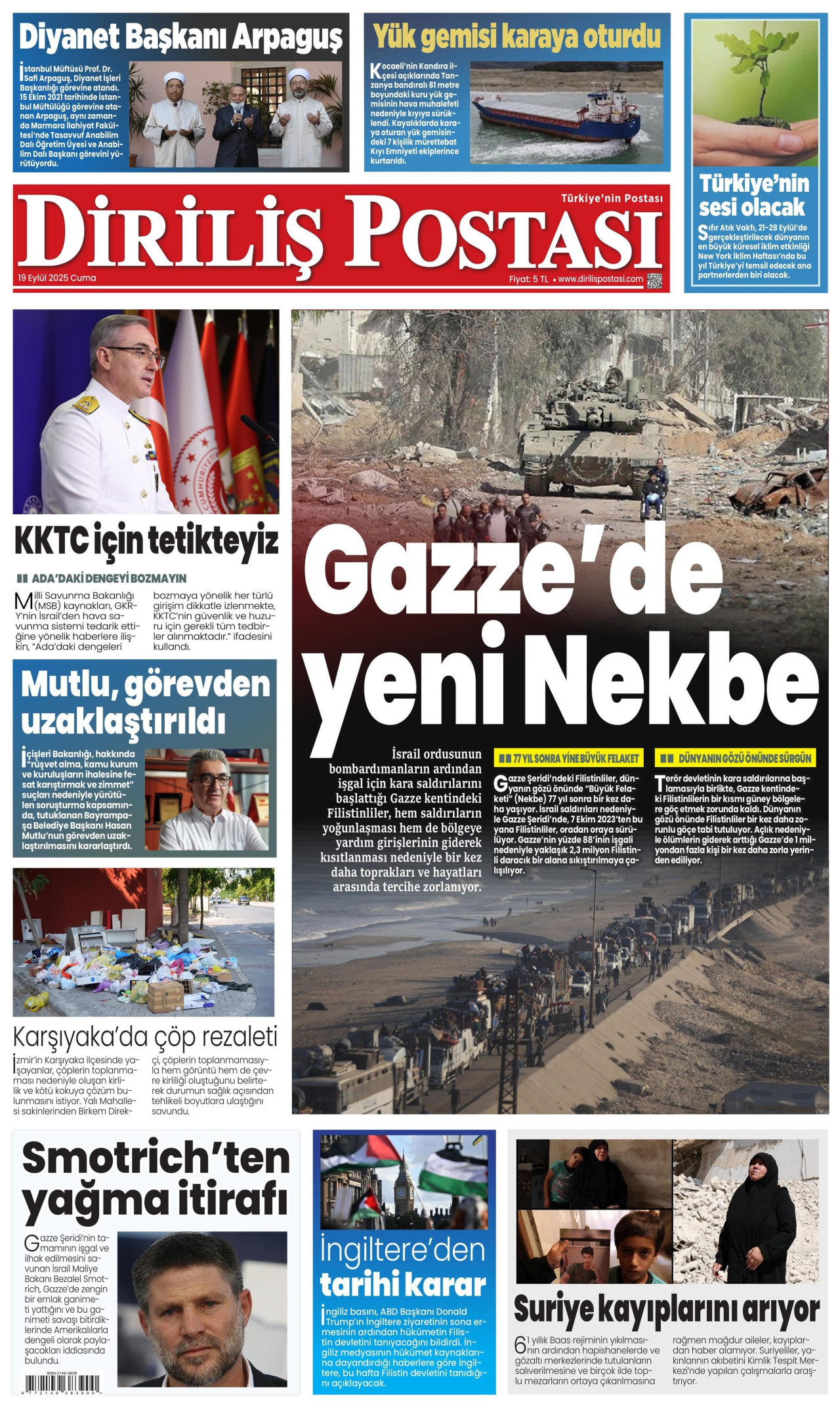 DİRİLİŞ POSTASI gazetesinin 19 Eylül 2025 tarihli birinci sayfası