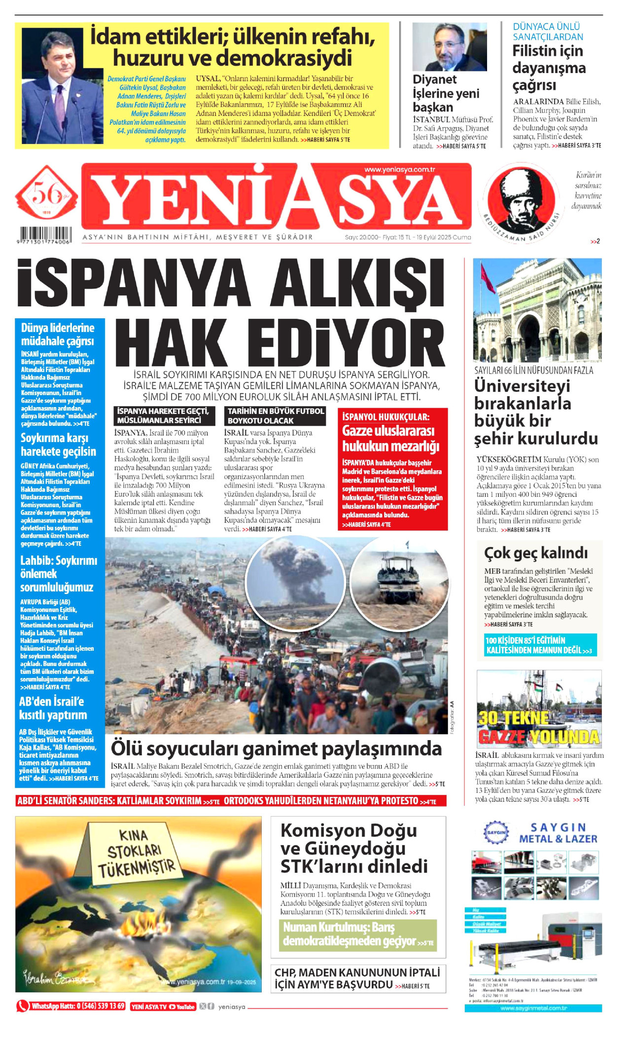 YENİ ASYA gazetesinin 19 Eylül 2025 tarihli birinci sayfası