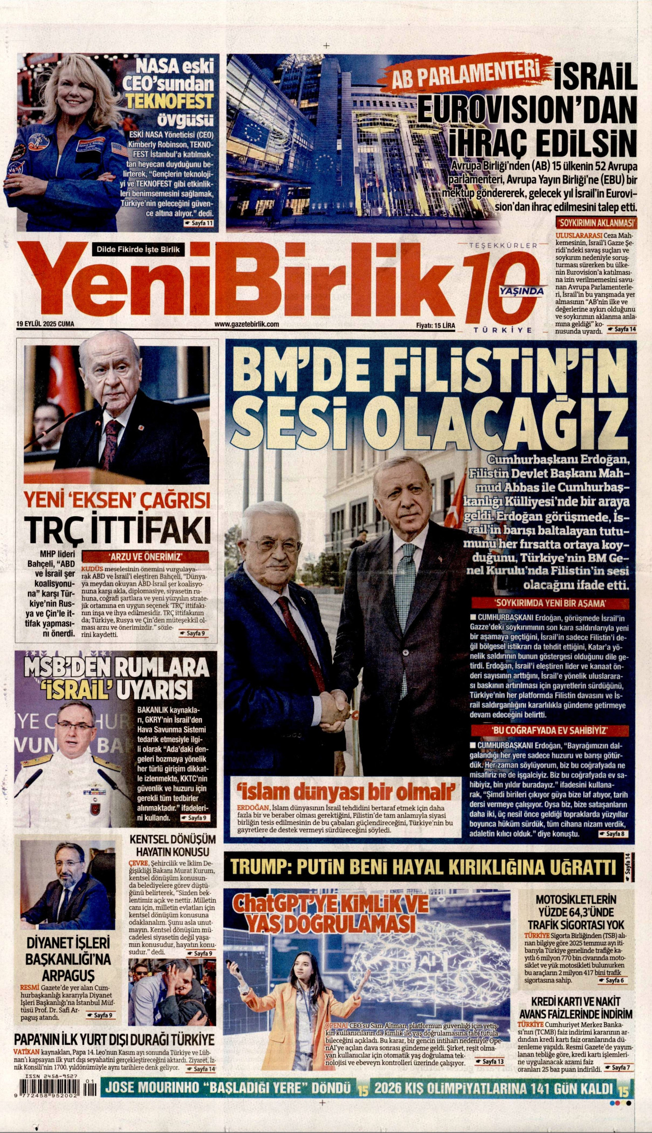 YENİBİRLİK gazetesinin 19 Eylül 2025 tarihli birinci sayfası
