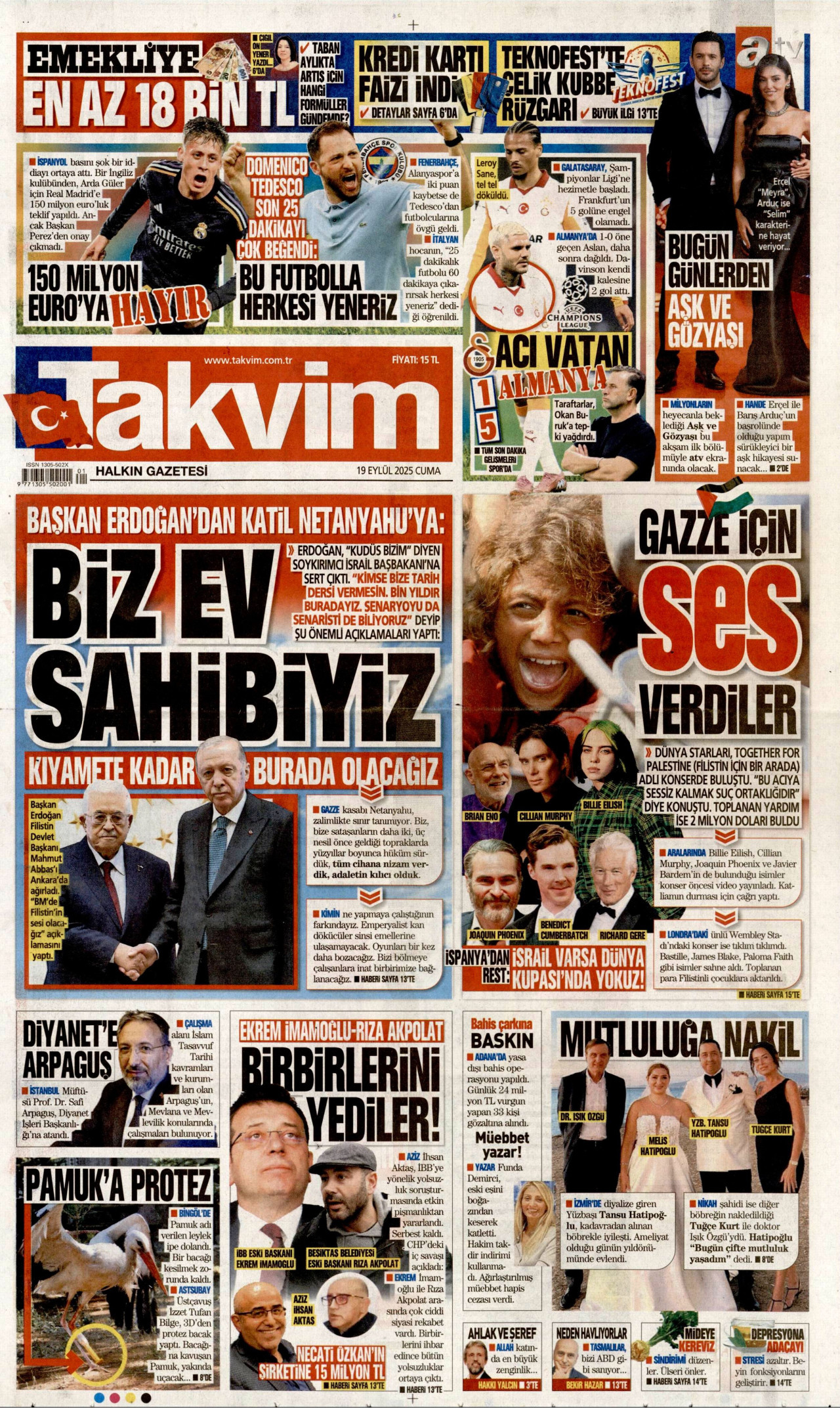 TAKVİM gazetesinin 19 Eylül 2025 tarihli birinci sayfası