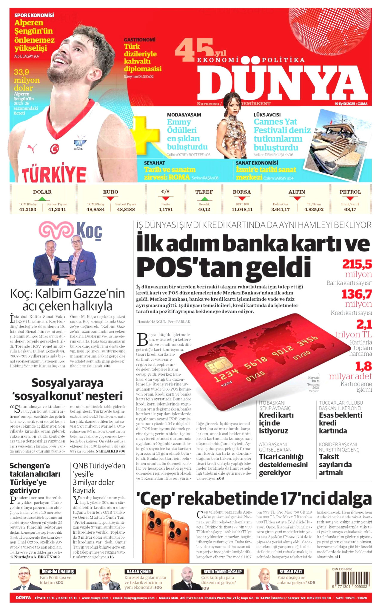 DÜNYA gazetesinin 19 Eylül 2025 tarihli birinci sayfası