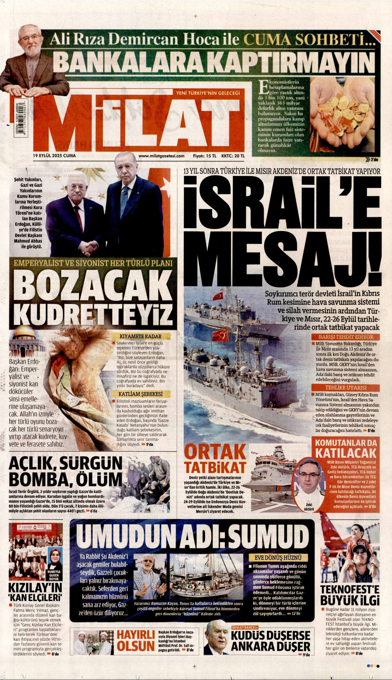 MİLAT gazetesinin 19 Eylül 2025 tarihli birinci sayfası