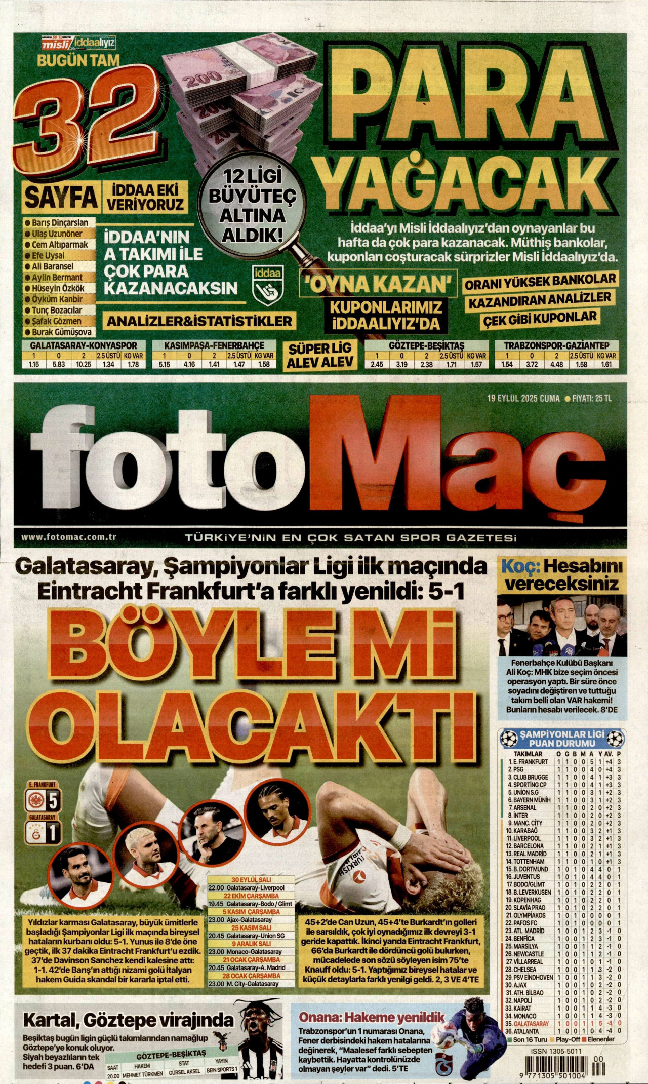 FOTOMAÇ gazetesinin 19 Eylül 2025 tarihli birinci sayfası