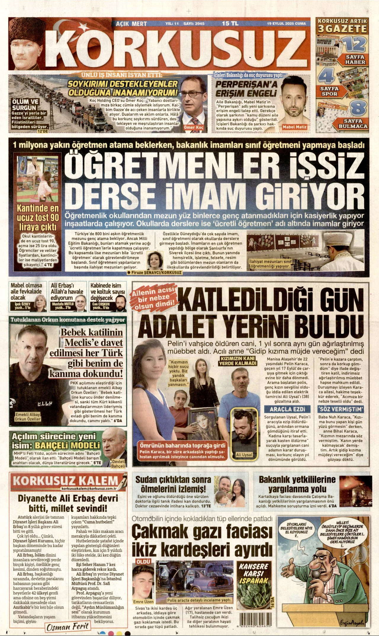 KORKUSUZ gazetesinin 19 Eylül 2025 tarihli birinci sayfası