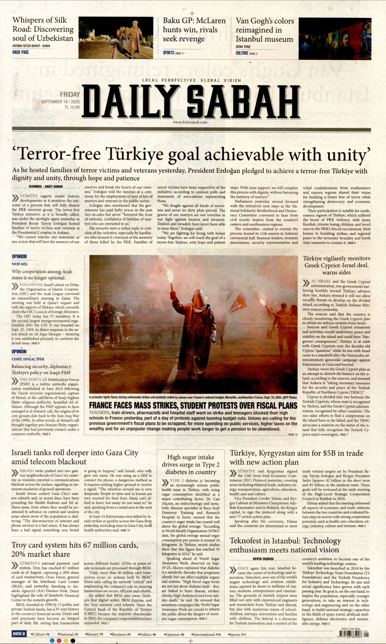 DAİLY SABAH gazetesinin 19 Eylül 2025 tarihli birinci sayfası