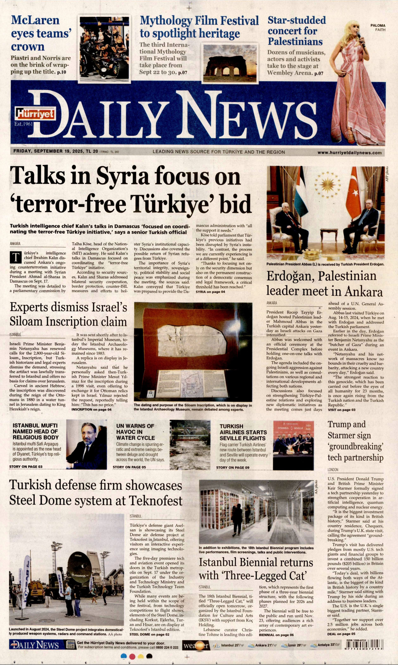 HÜRRİYET DAİLY NEWS gazetesinin 19 Eylül 2025 tarihli birinci sayfası