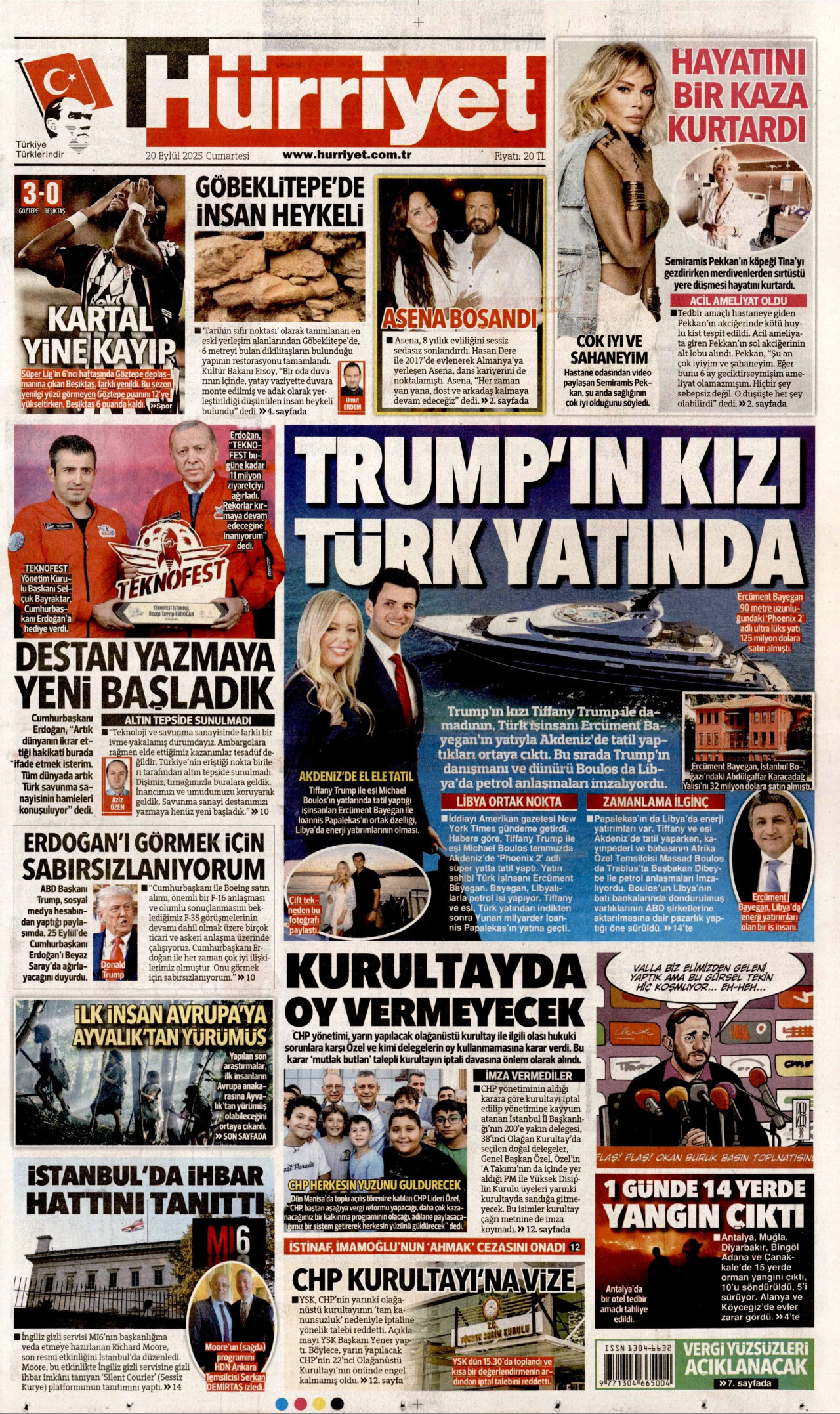 HÜRRİYET gazetesinin 20 Eylül 2025 tarihli birinci sayfası