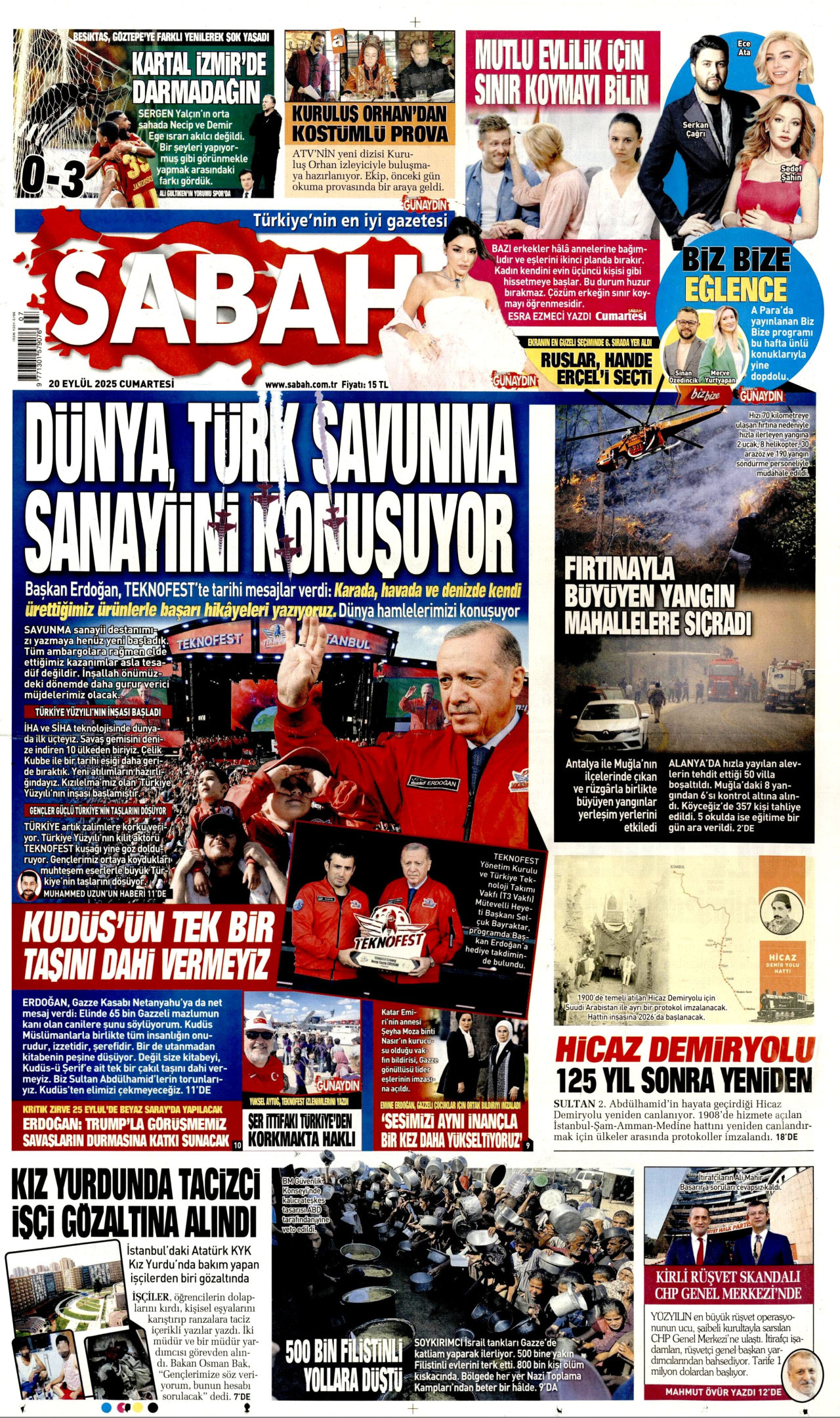 SABAH gazetesinin 20 Eylül 2025 tarihli birinci sayfası