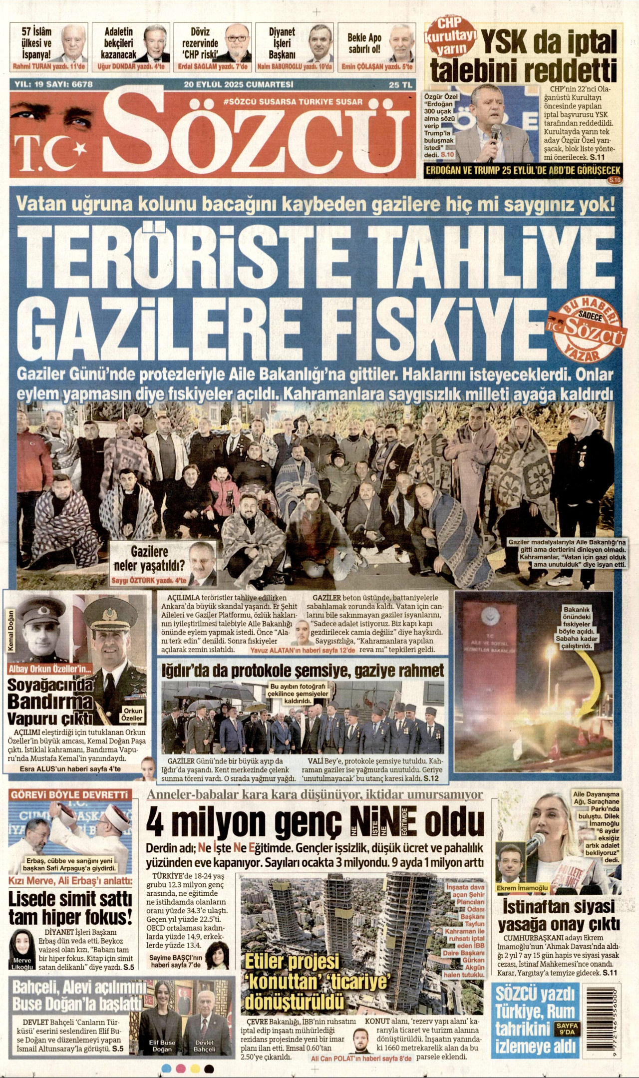 SÖZCÜ gazetesinin 20 Eylül 2025 tarihli birinci sayfası