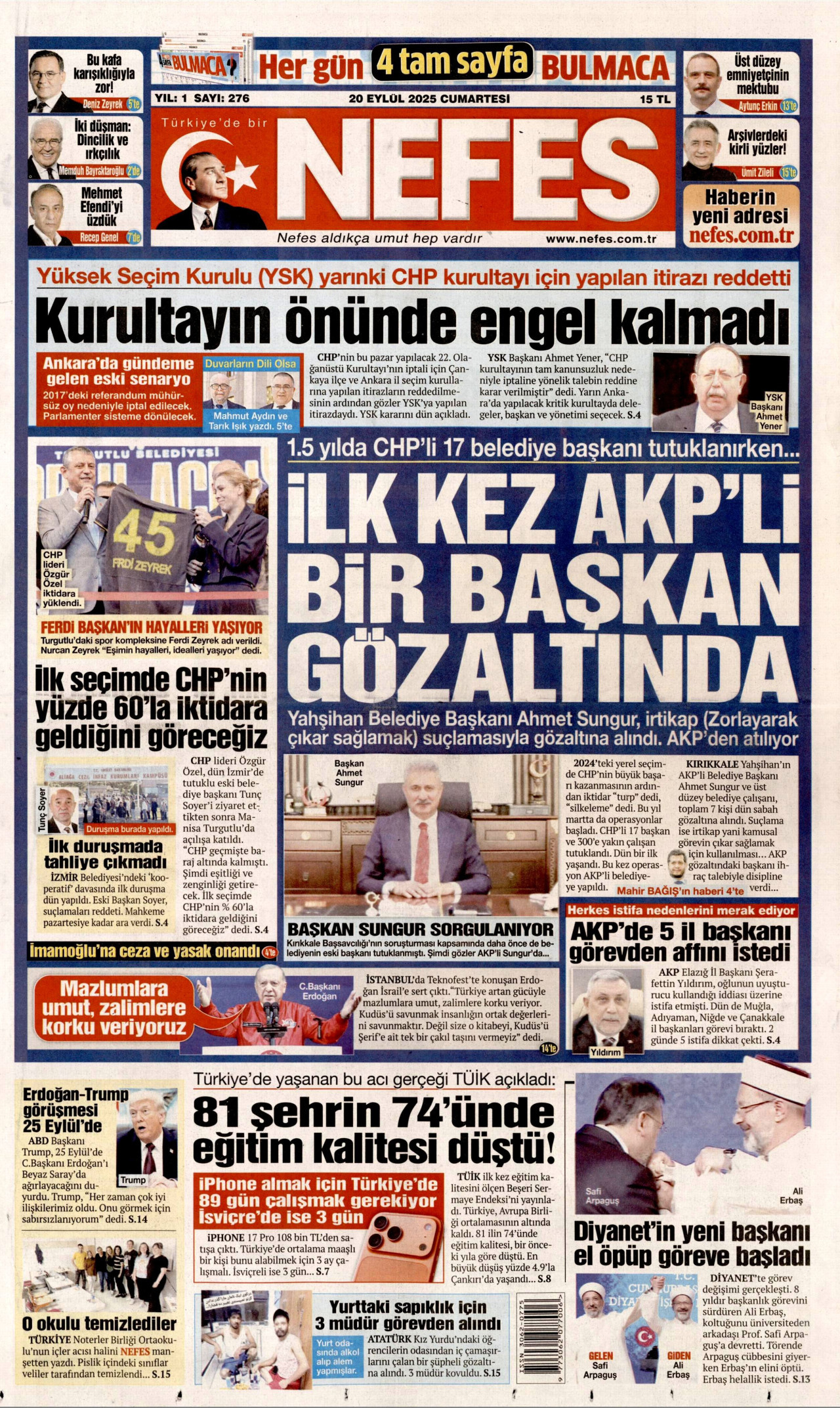 NEFES gazetesinin 20 Eylül 2025 tarihli birinci sayfası