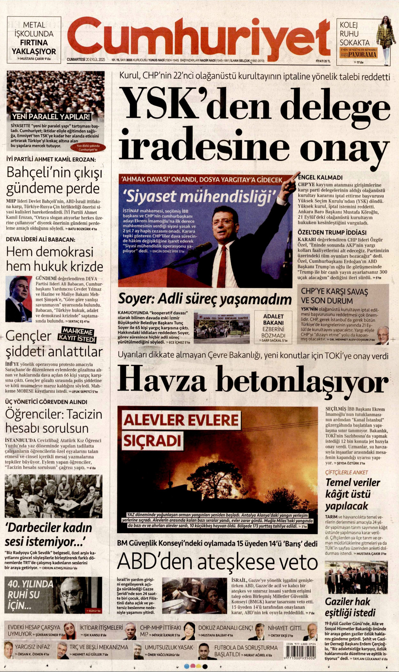 CUMHURİYET gazetesinin 20 Eylül 2025 tarihli birinci sayfası