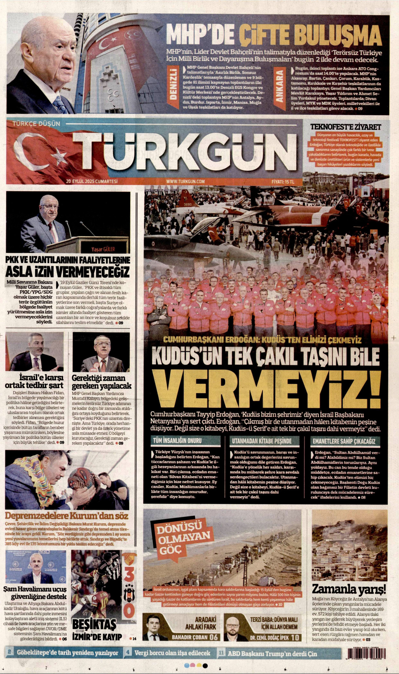TÜRKGÜN gazetesinin 20 Eylül 2025 tarihli birinci sayfası