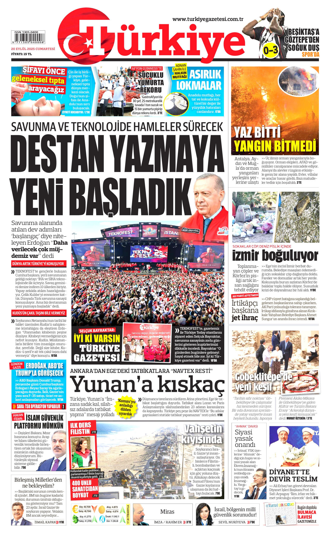 TÜRKİYE GAZETESİ gazetesinin 20 Eylül 2025 tarihli birinci sayfası