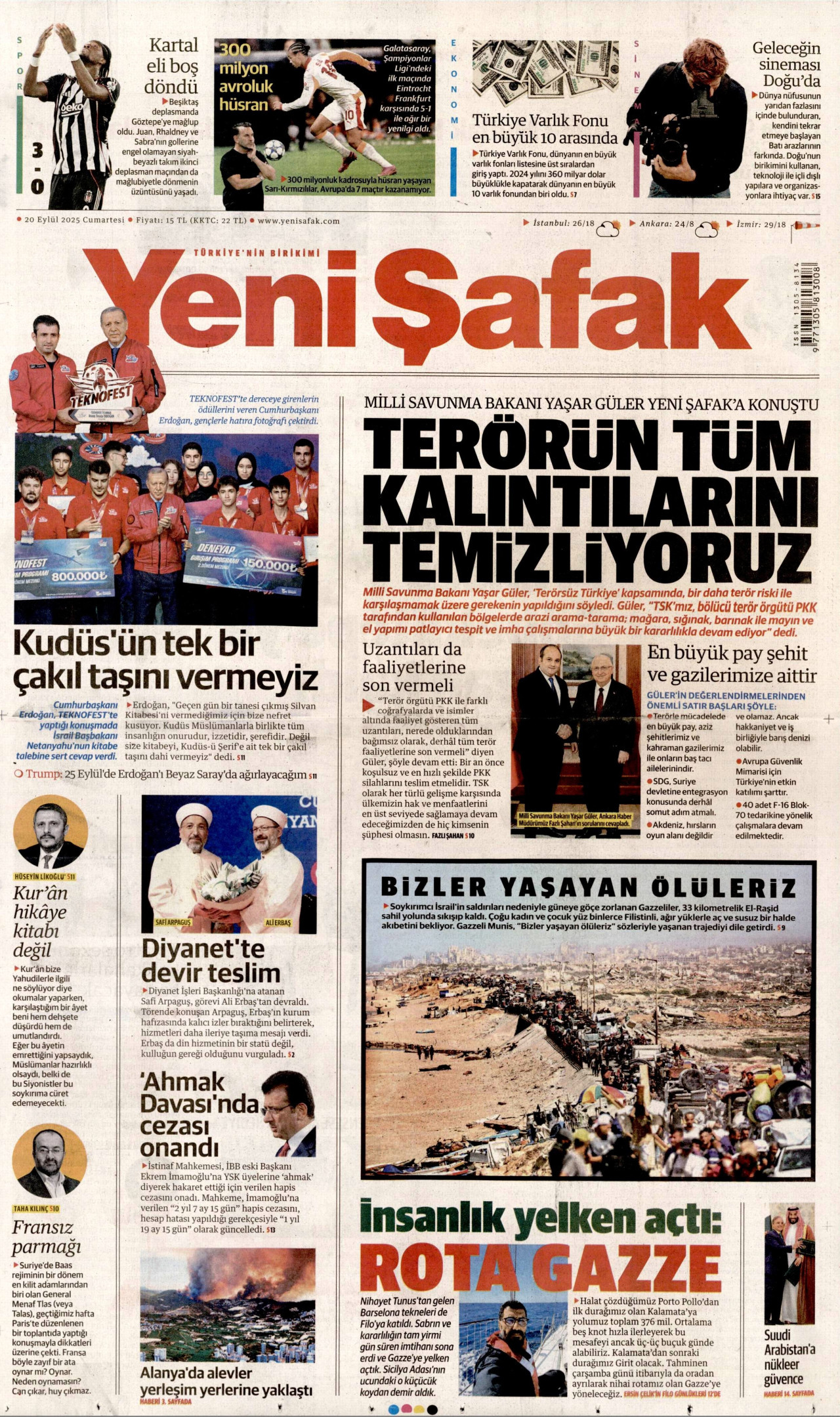YENİ ŞAFAK gazetesinin 20 Eylül 2025 tarihli birinci sayfası