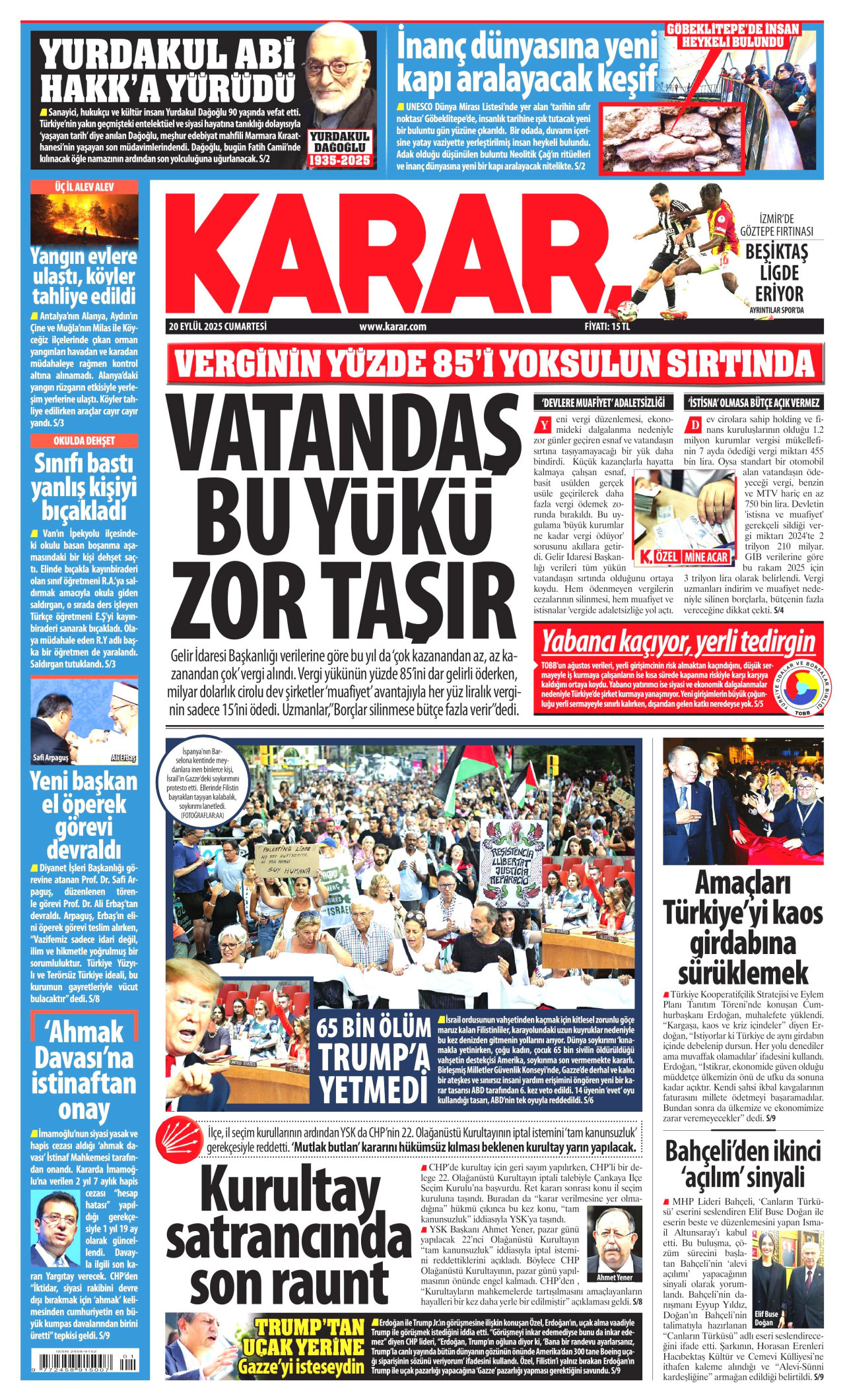 KARAR gazetesinin 20 Eylül 2025 tarihli birinci sayfası