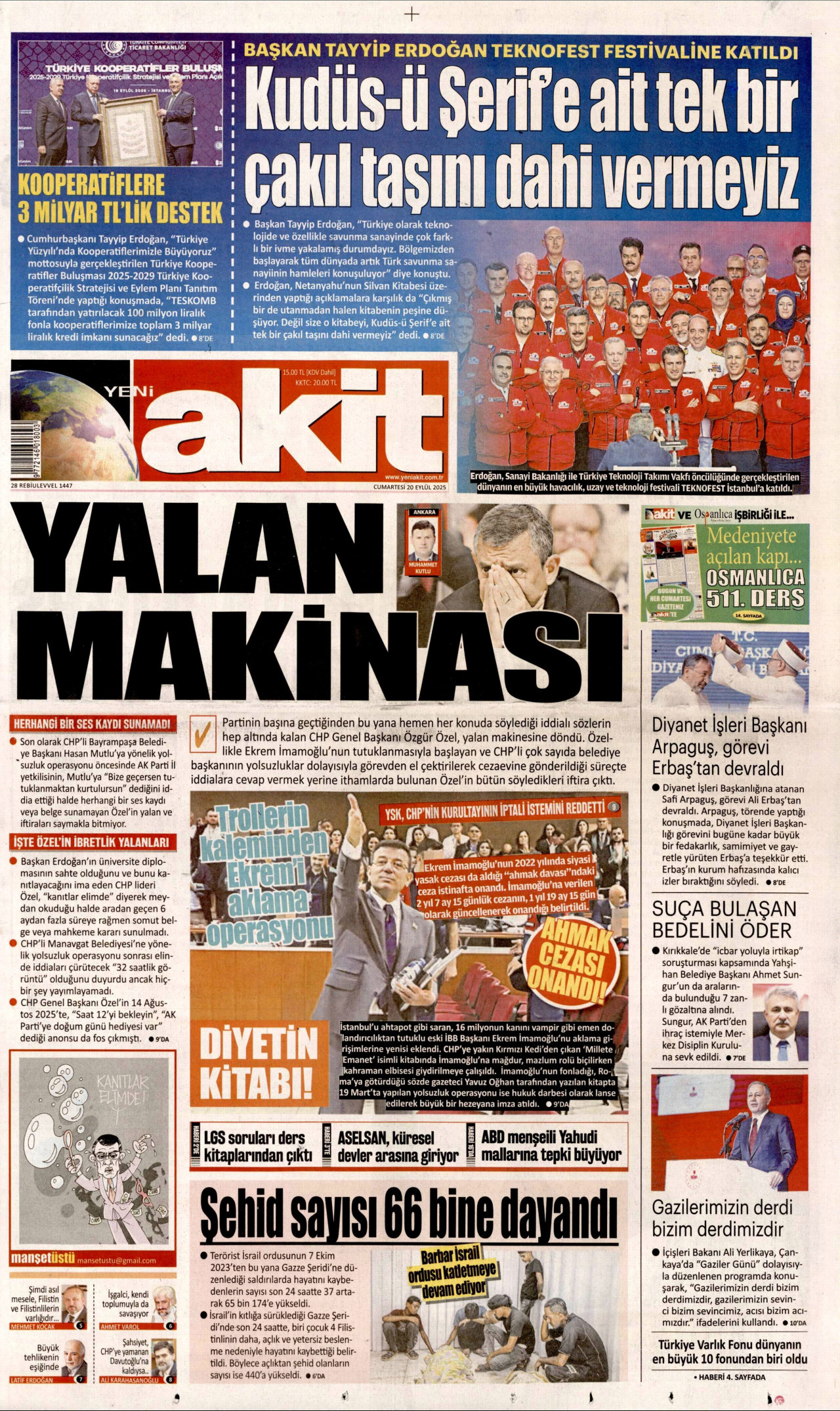 YENİ AKİT gazetesinin 20 Eylül 2025 tarihli birinci sayfası