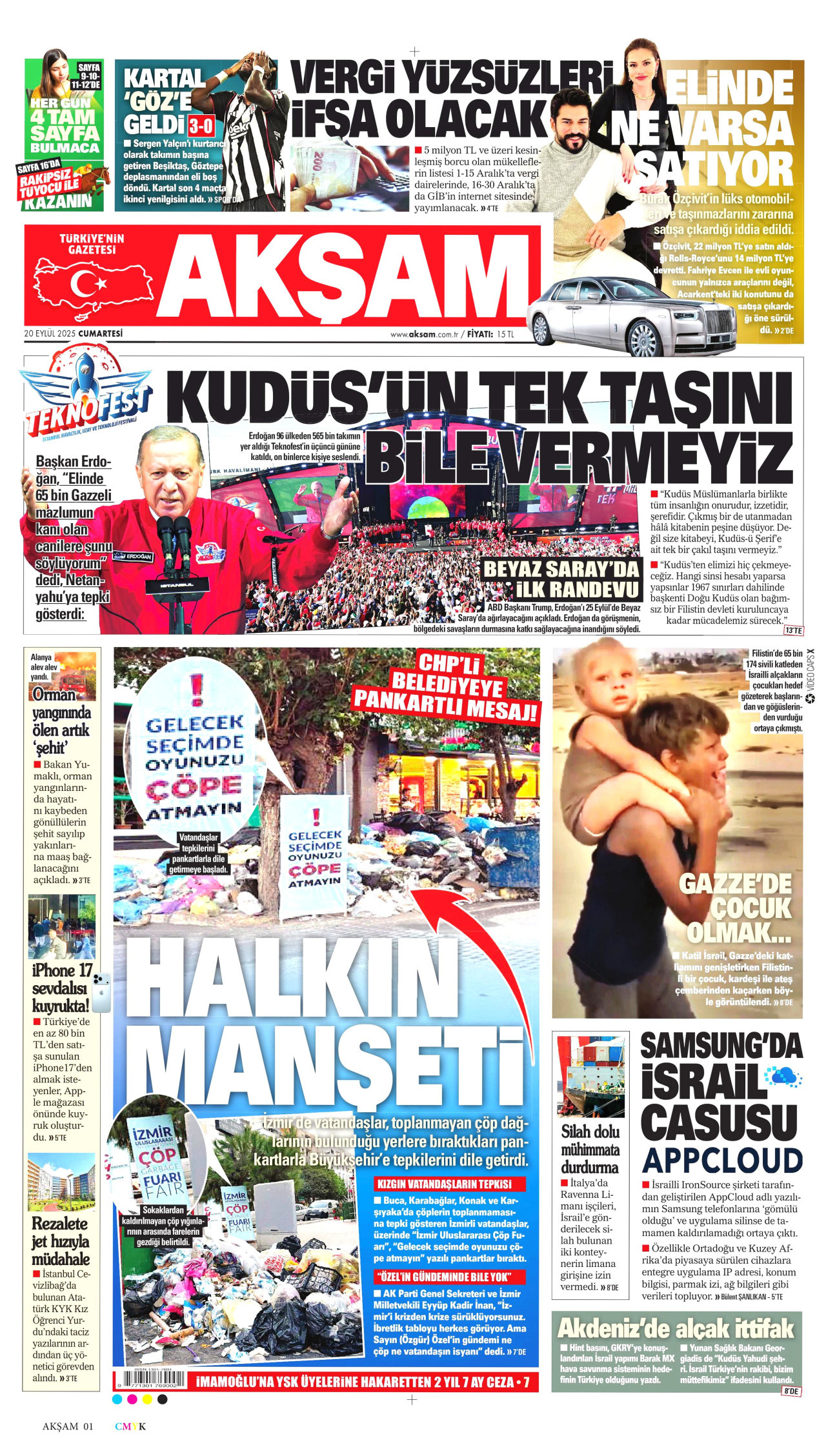 AKŞAM gazetesinin 20 Eylül 2025 tarihli birinci sayfası