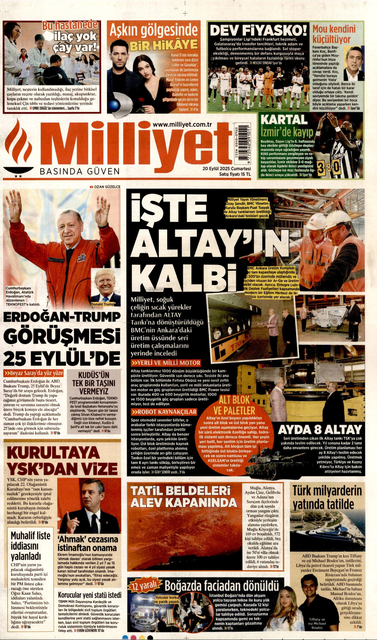 MİLLİYET gazetesinin 20 Eylül 2025 tarihli birinci sayfası