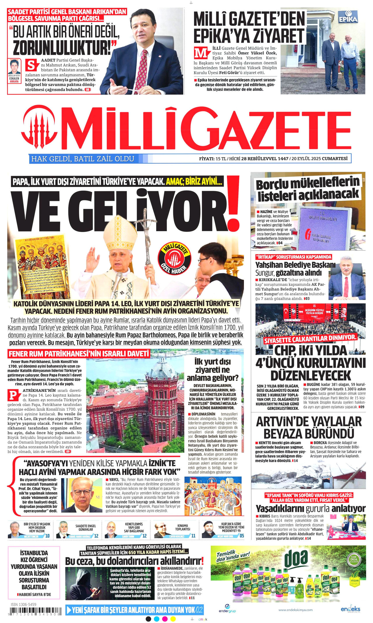 MİLLİ GAZETE gazetesinin 20 Eylül 2025 tarihli birinci sayfası