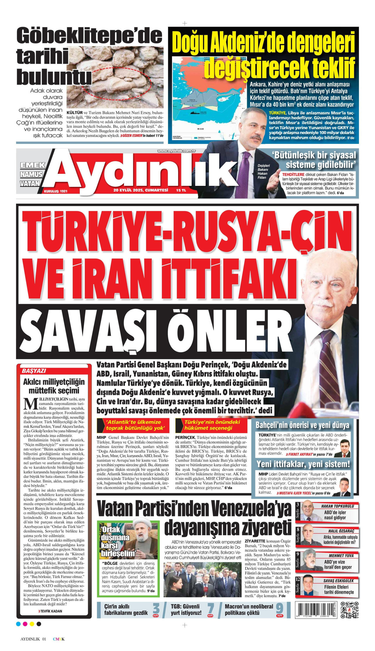 AYDINLIK GAZETESİ gazetesinin 20 Eylül 2025 tarihli birinci sayfası