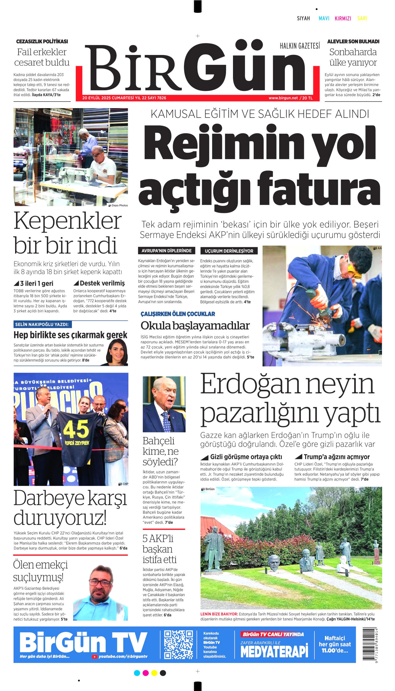 BİRGÜN gazetesinin 20 Eylül 2025 tarihli birinci sayfası