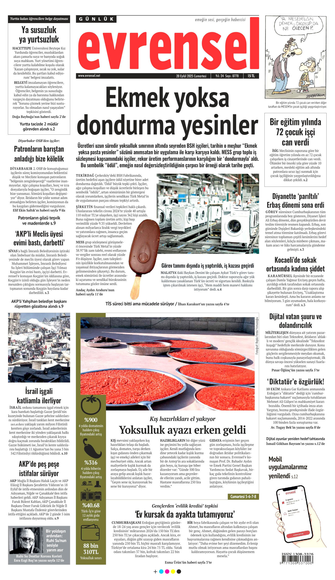 EVRENSEL gazetesinin 20 Eylül 2025 tarihli birinci sayfası