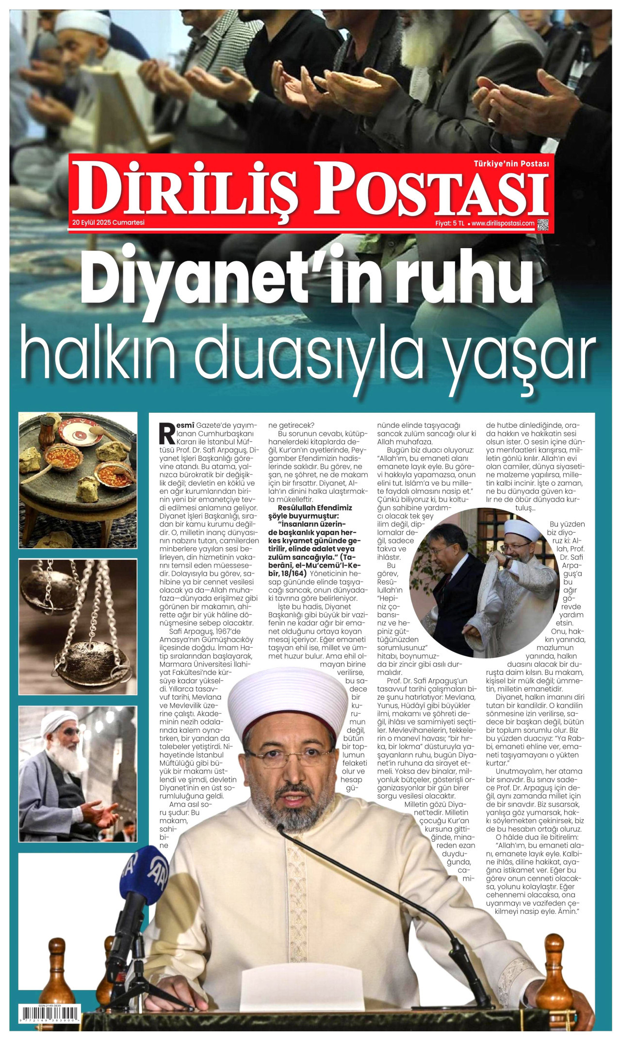 DİRİLİŞ POSTASI gazetesinin 20 Eylül 2025 tarihli birinci sayfası