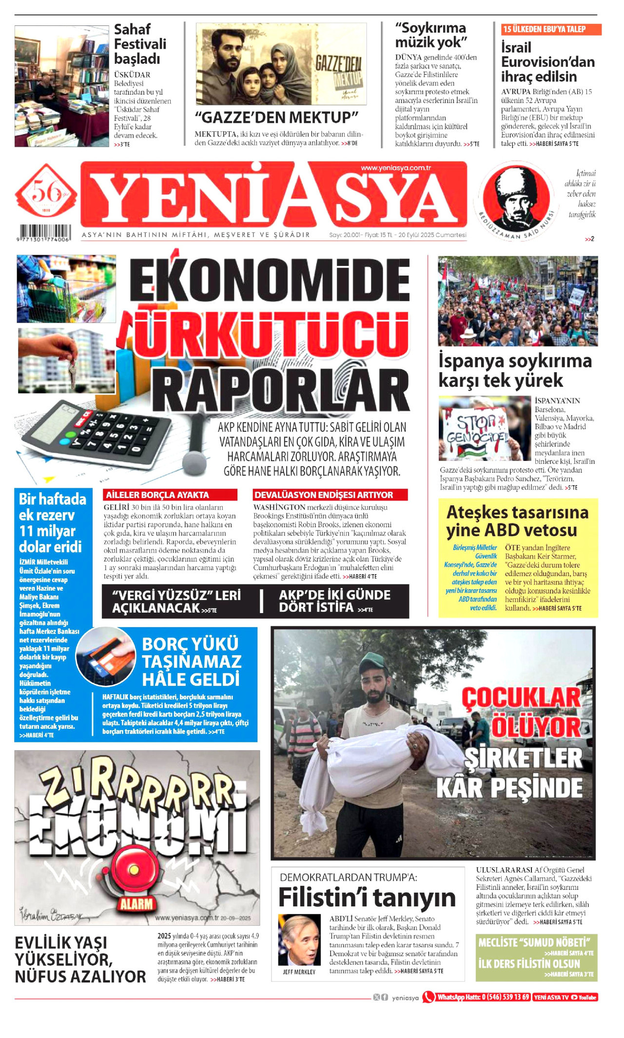 YENİ ASYA gazetesinin 20 Eylül 2025 tarihli birinci sayfası