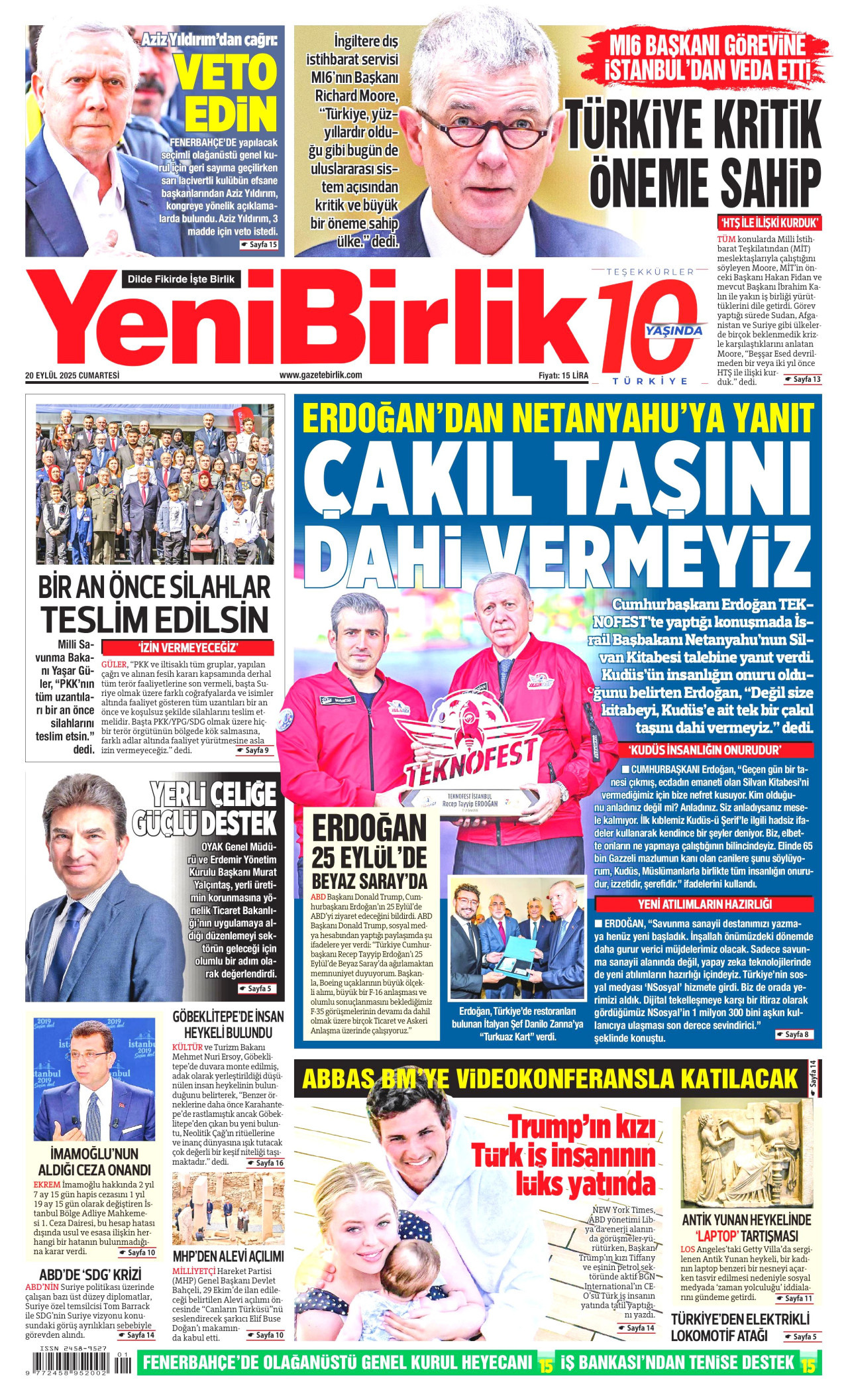 YENİBİRLİK gazetesinin 20 Eylül 2025 tarihli birinci sayfası