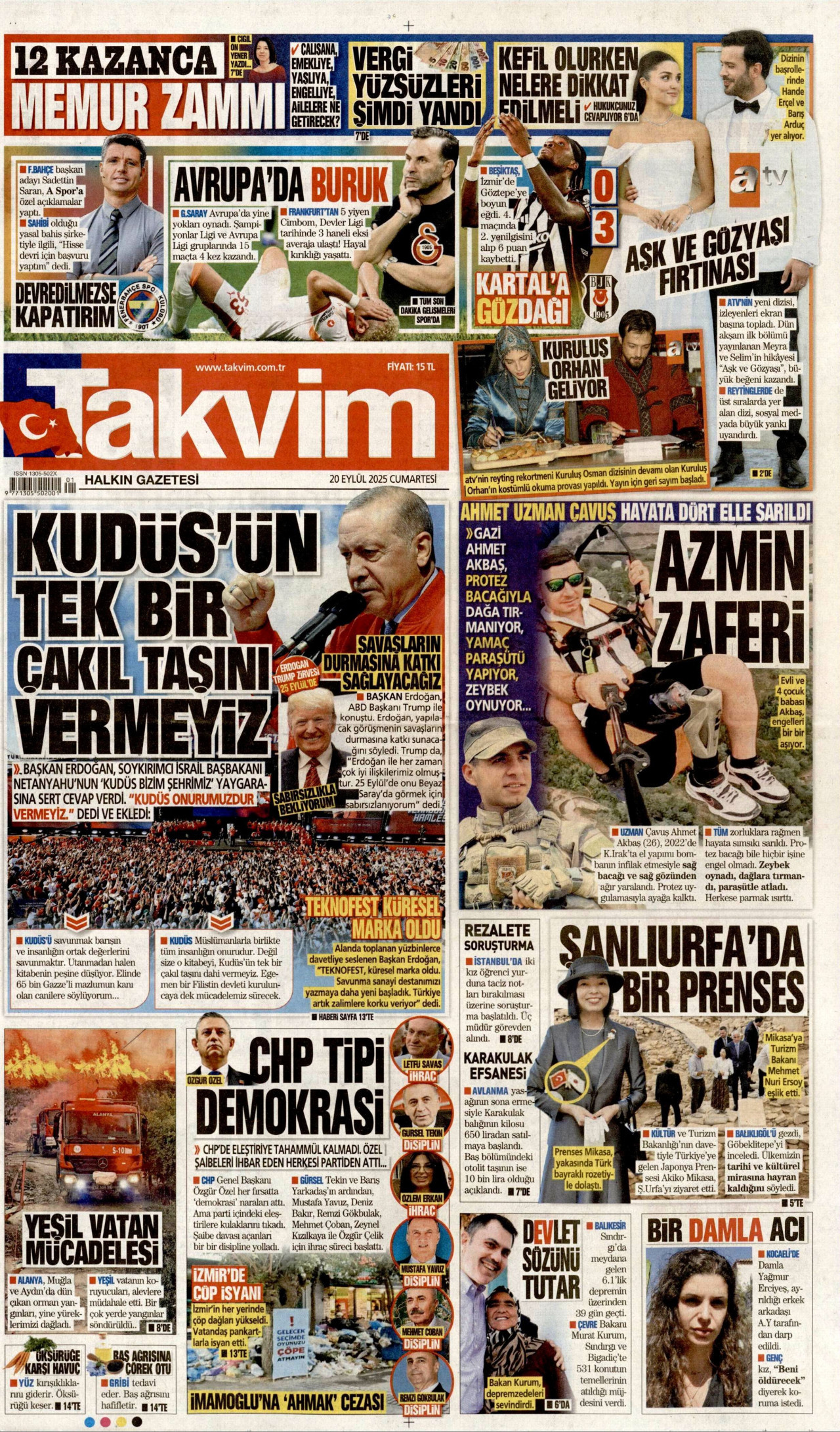 TAKVİM gazetesinin 20 Eylül 2025 tarihli birinci sayfası