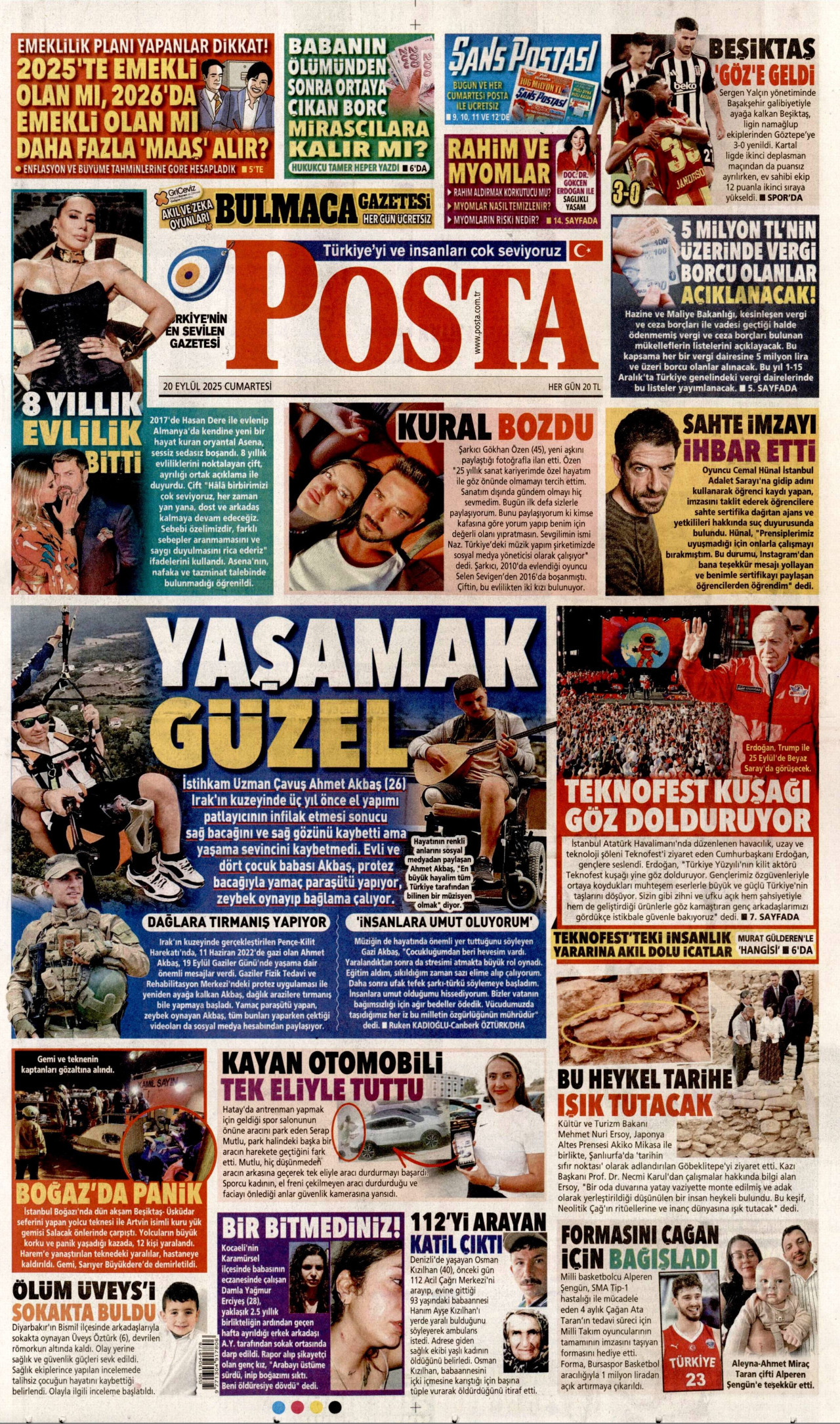 POSTA gazetesinin 20 Eylül 2025 tarihli birinci sayfası