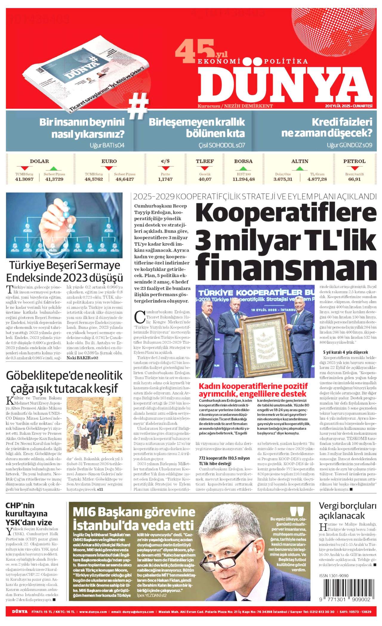 DÜNYA gazetesinin 20 Eylül 2025 tarihli birinci sayfası