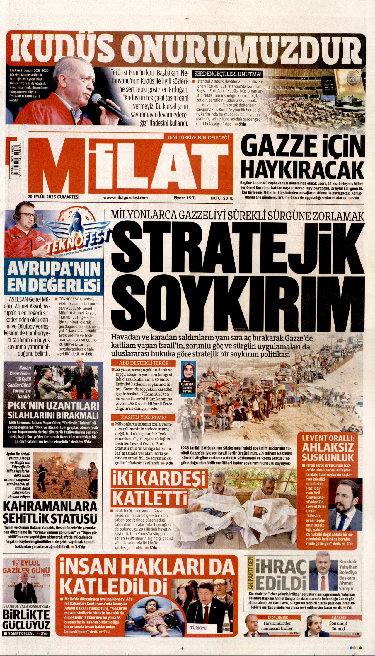 MİLAT gazetesinin 20 Eylül 2025 tarihli birinci sayfası