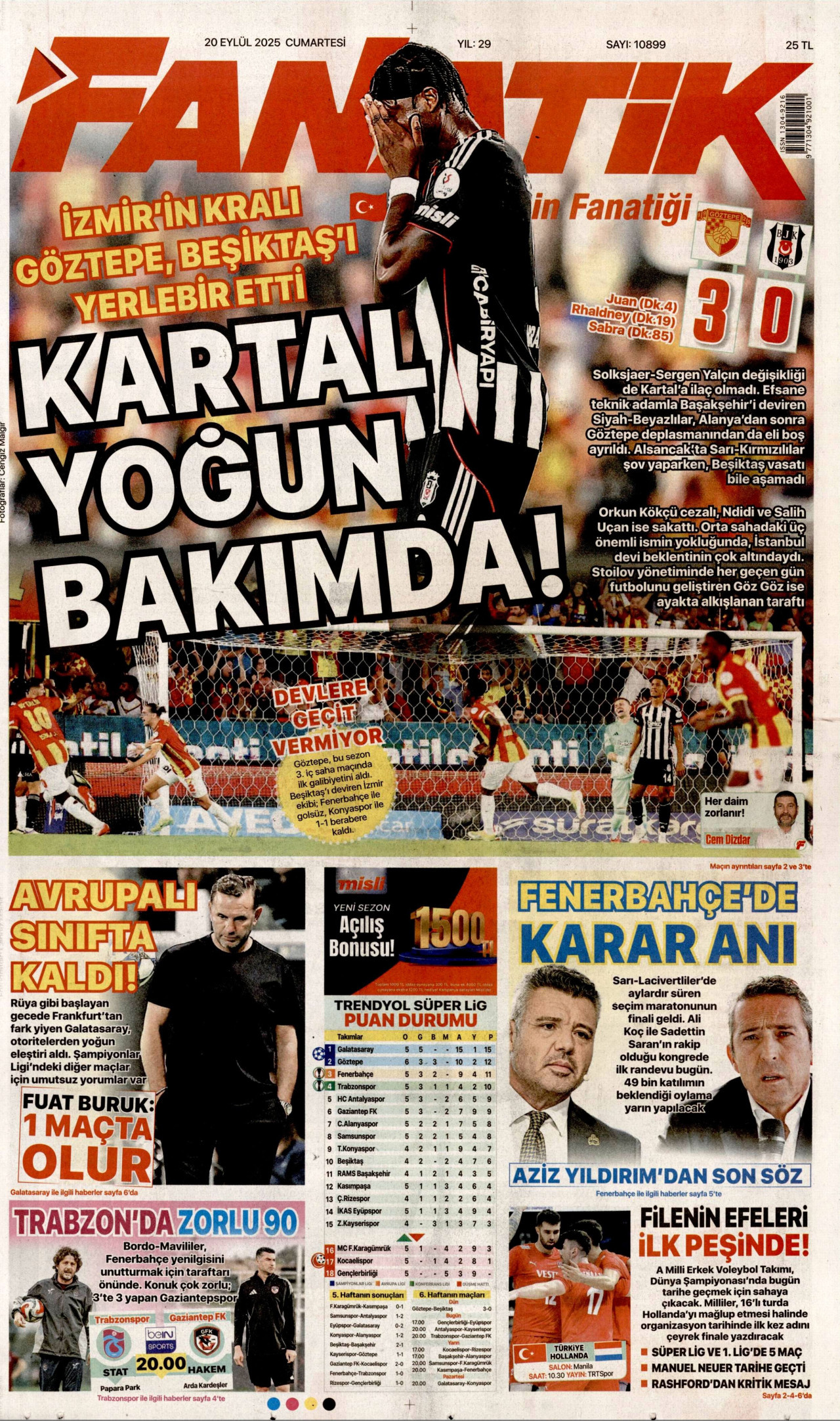 FANATİK gazetesinin 20 Eylül 2025 tarihli birinci sayfası