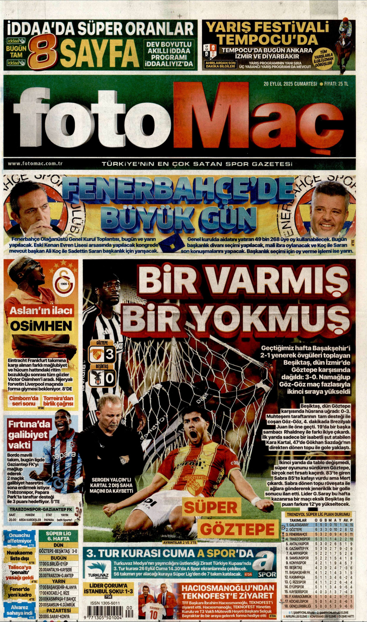 FOTOMAÇ gazetesinin 20 Eylül 2025 tarihli birinci sayfası