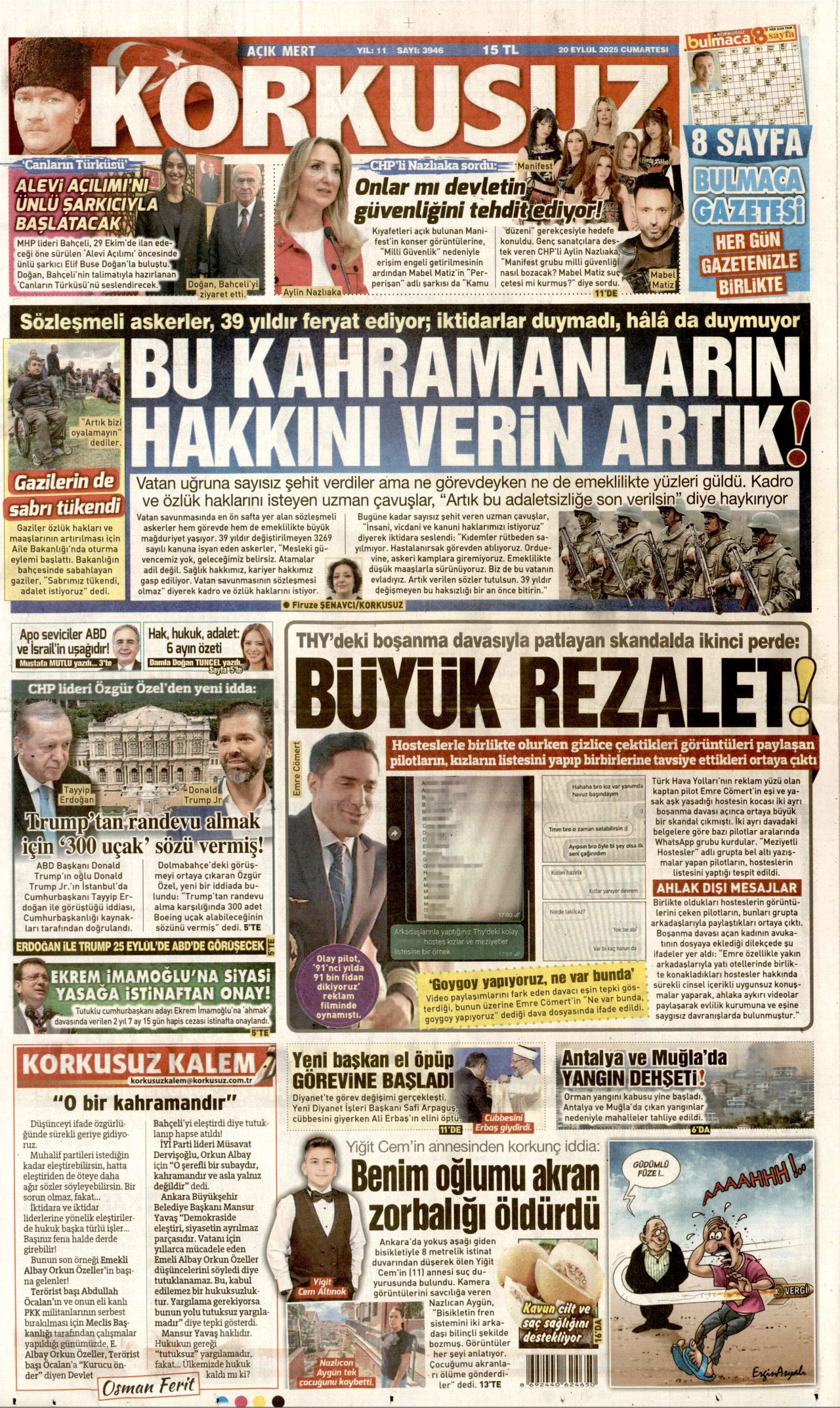 KORKUSUZ gazetesinin 20 Eylül 2025 tarihli birinci sayfası