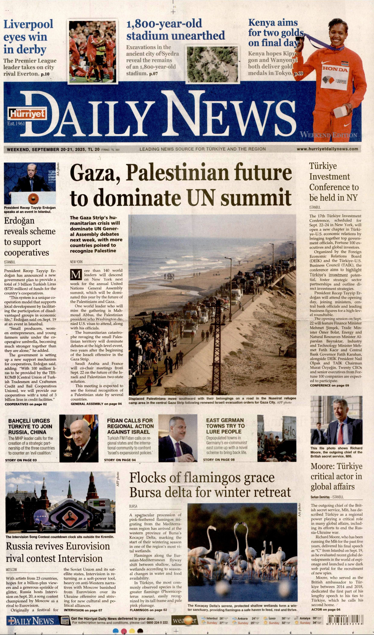 HÜRRİYET DAİLY NEWS gazetesinin 20 Eylül 2025 tarihli birinci sayfası