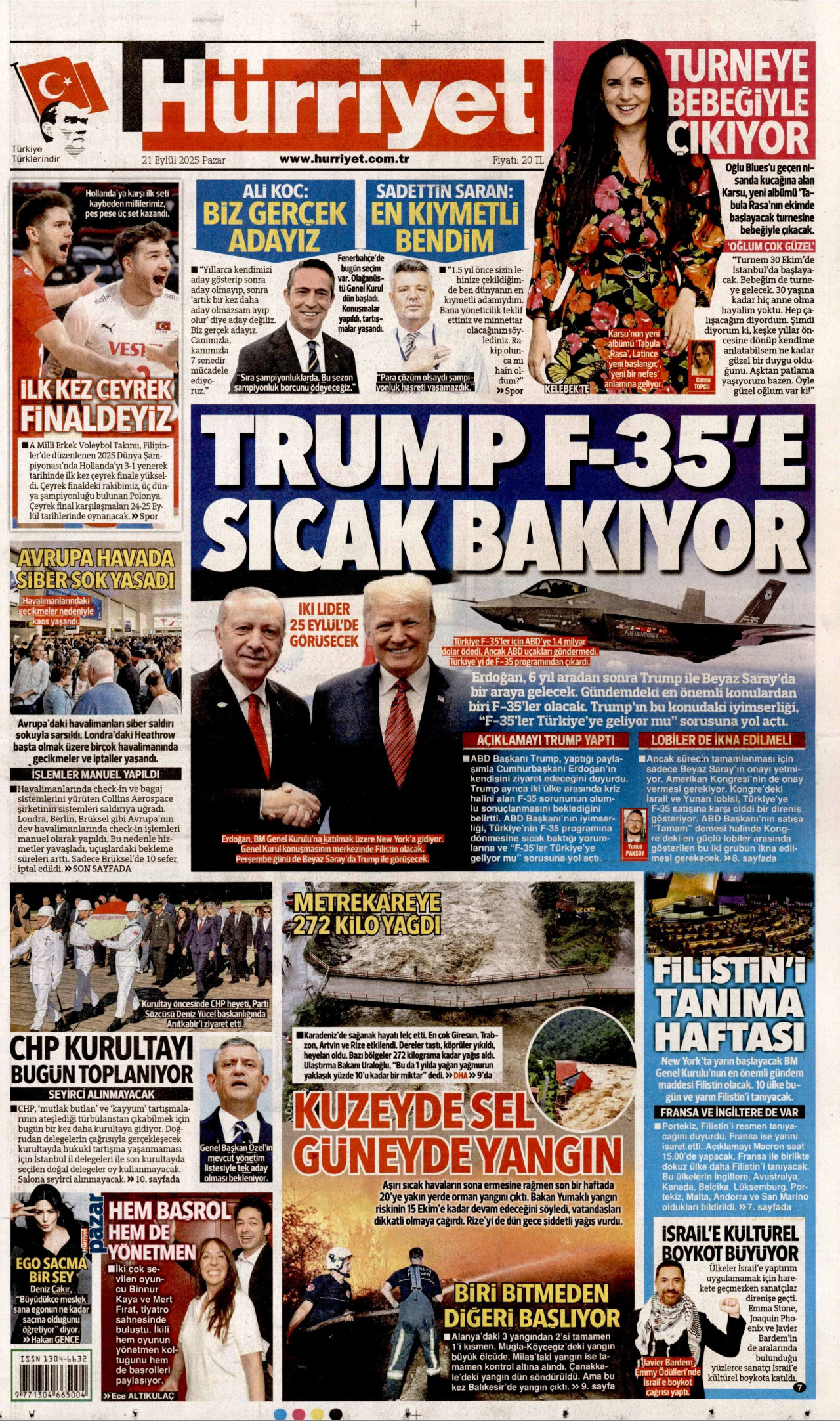 HÜRRİYET gazetesinin 21 Eylül 2025 tarihli birinci sayfası